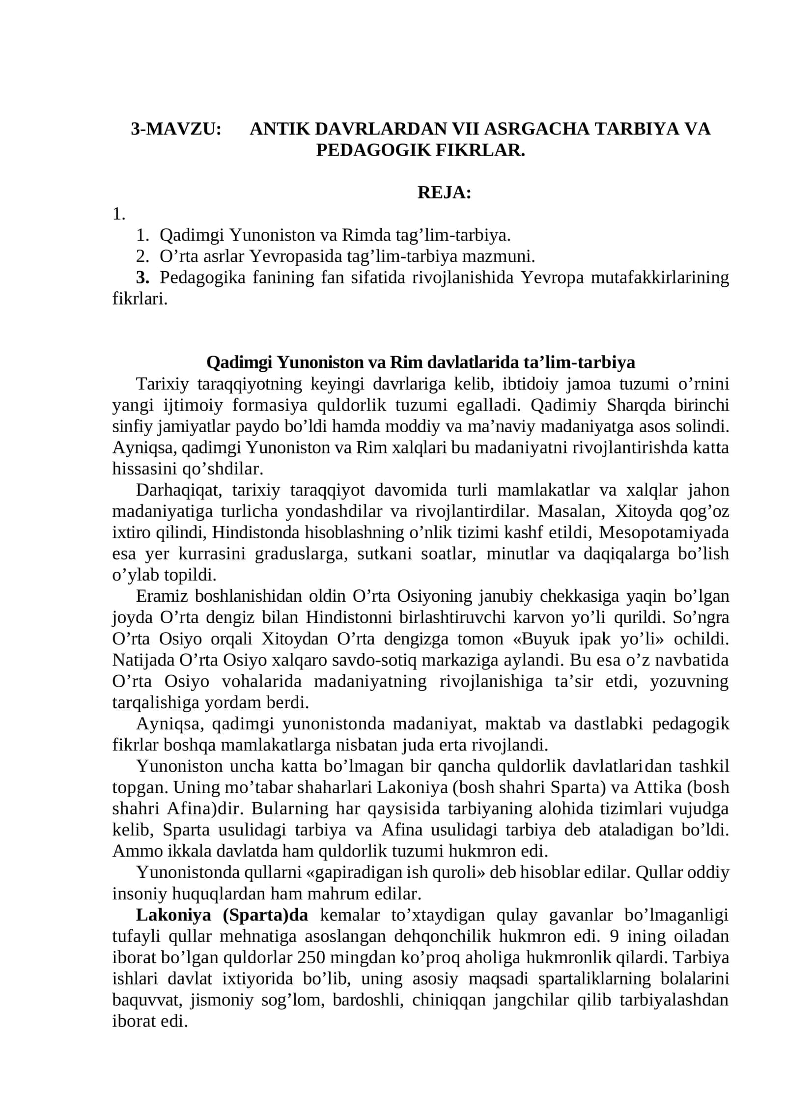 ANTIK DAVRLARDAN VII ASRGACHA TARBIYA VA PEDAGOGIK FIKRLAR