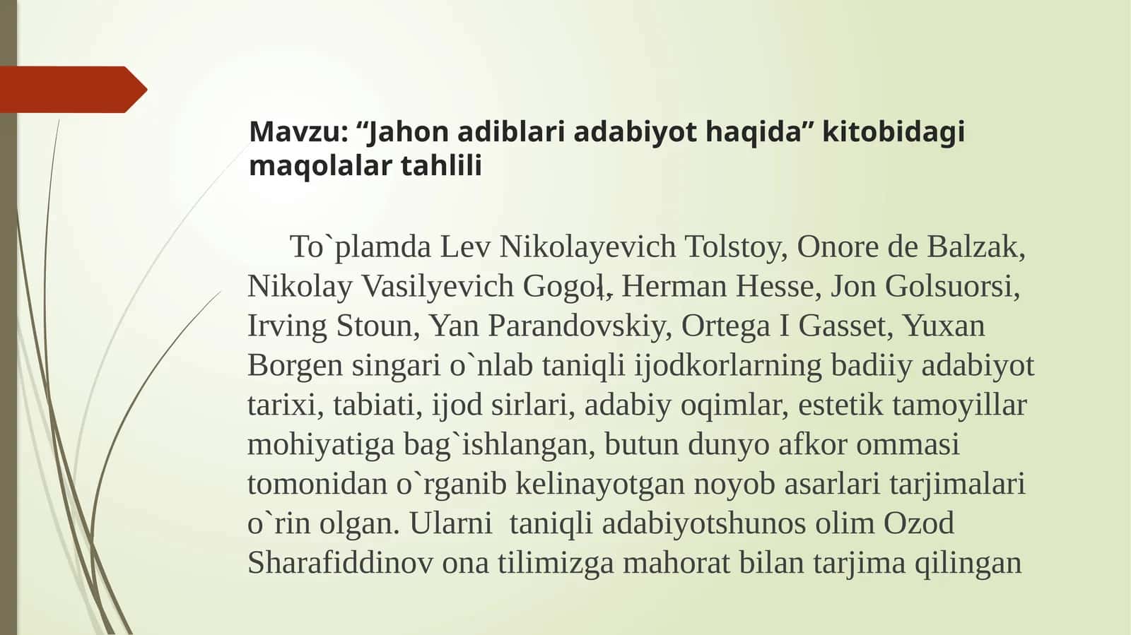 “Jahon adiblari adabiyoti” kitobidagi maqolalar tahlili