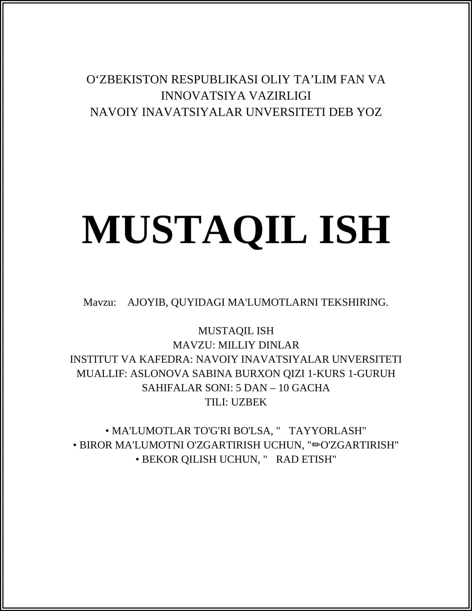 MILLIY DINLAR TARIXI
