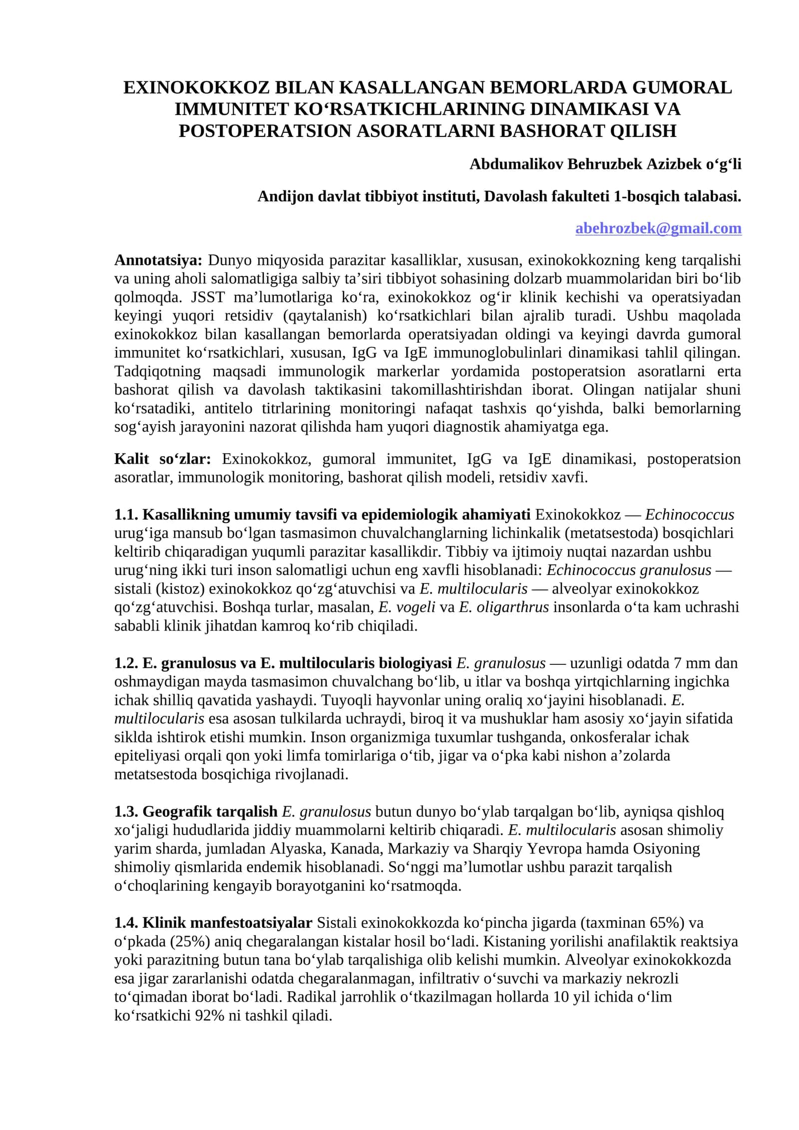 EXINOKOKKOZ BILAN KASALLANGAN BEMORLARDA GUMORAL IMMUNITET KO‘RSATKICHLARINING DINAMIKASI VA POSTOPERATSION ASORATLARNI BASHORAT QILISH