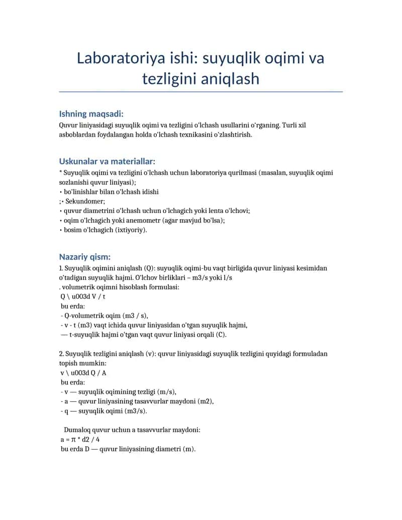 Laboratoriya ishi: suyuqlik oqimi va tezligini aniqlash