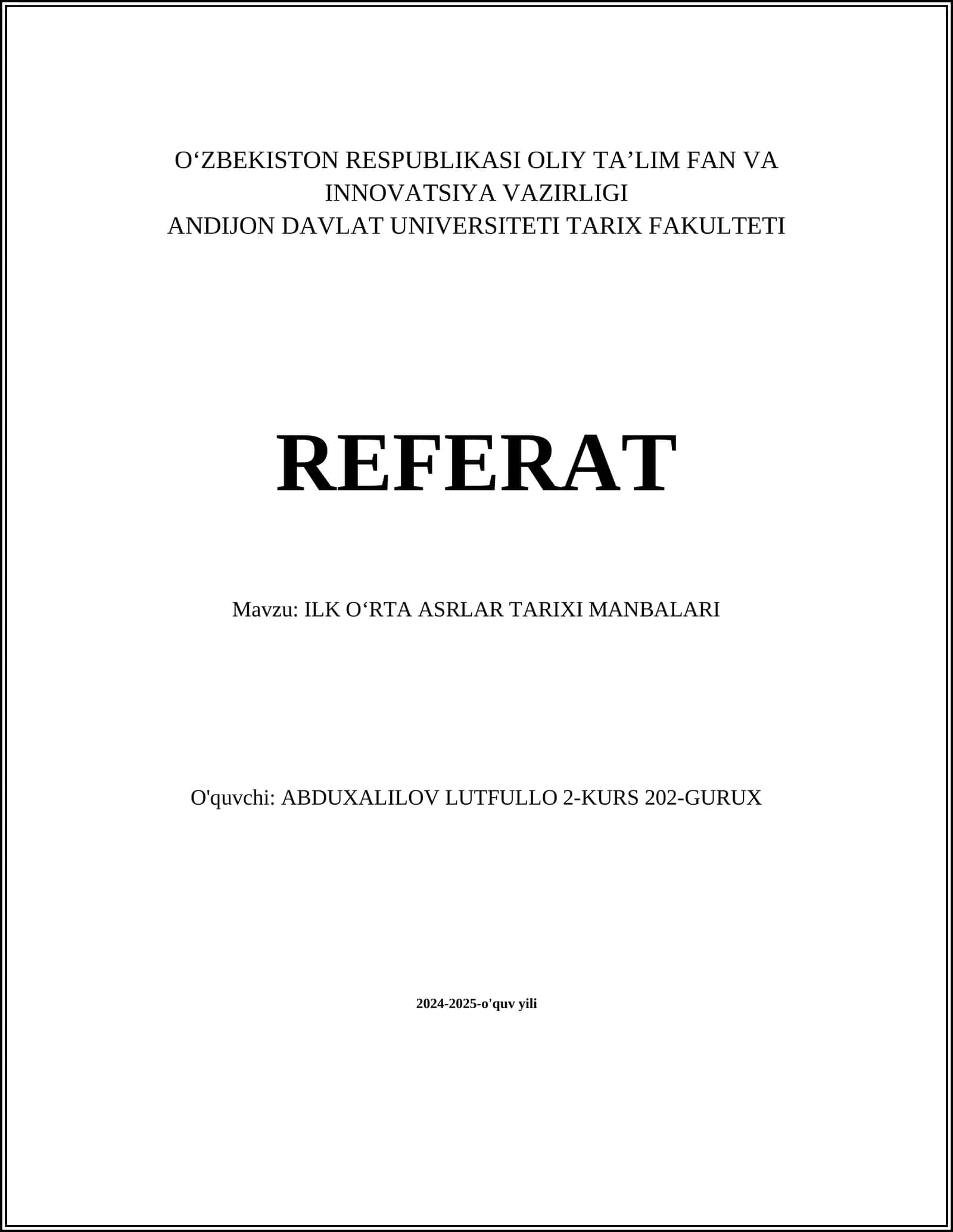 ILK OʻRTA ASRLAR TARIXI MANBALARI