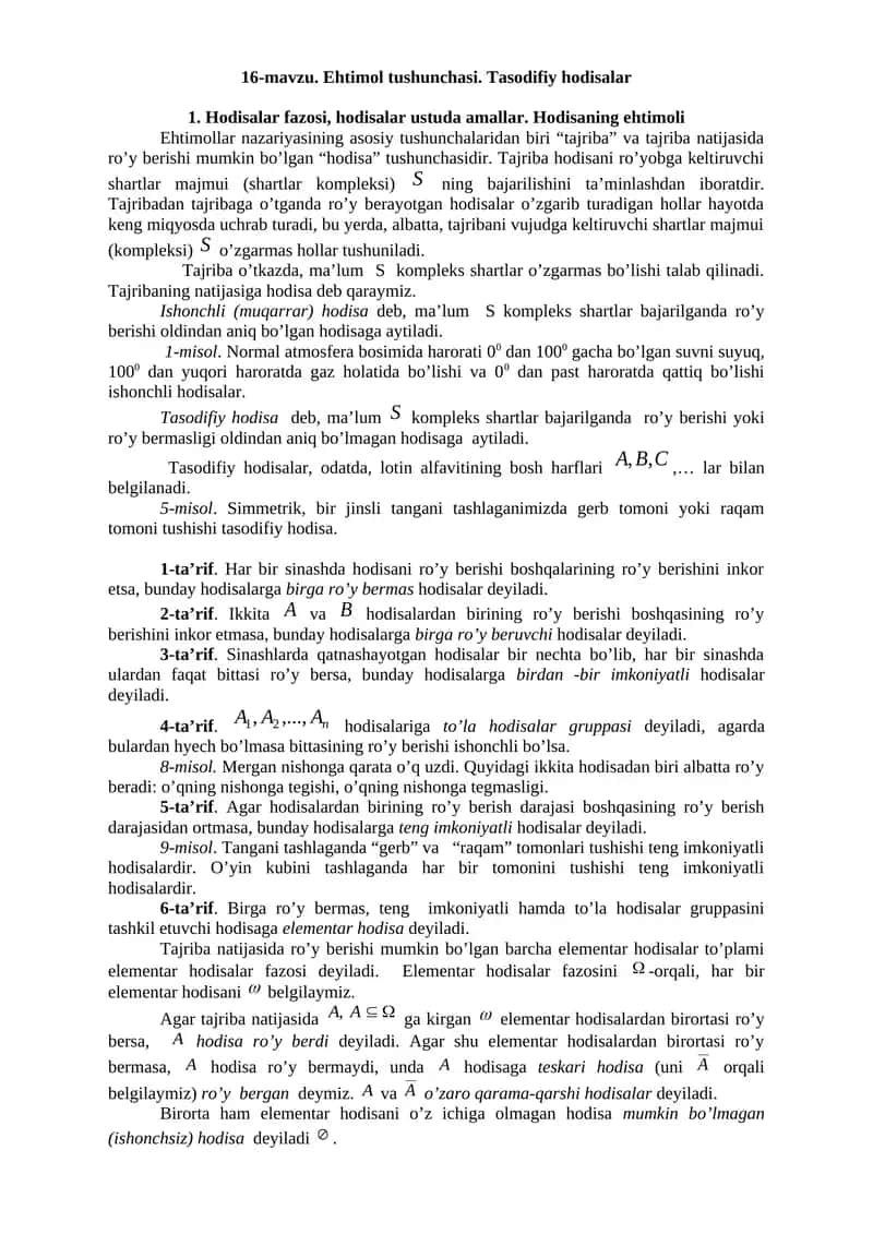 16-mavzu. Ehtimol tushunchasi. Tasodifiy hodisalar