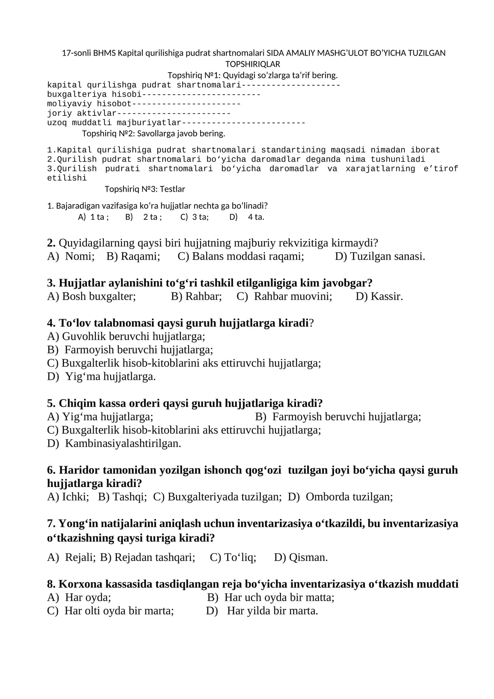 17-sonli BHMS Kapital qurilishiga pudrat shartnomalari SIDA AMALIY MASHG’ULOT BO’YICHA TUZILGAN TOPSHIRIQLAR