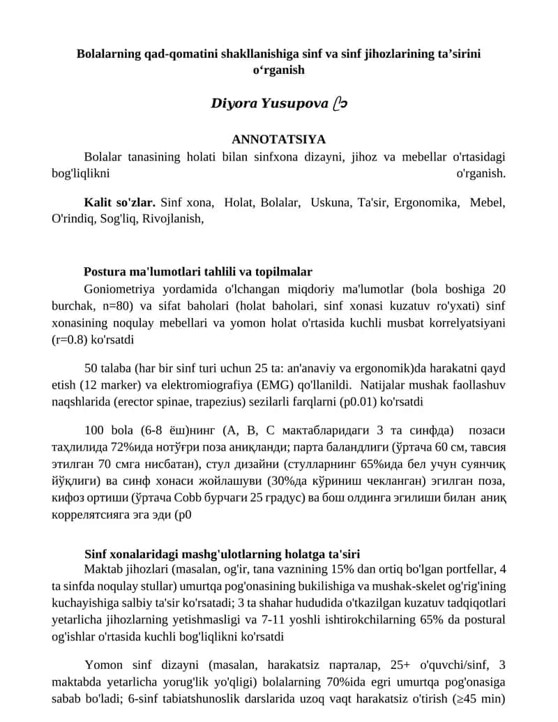 Bolalarning qad-qomatini shakllanishiga sinf va sinf jihozlarining taʼsirini oʻrganish