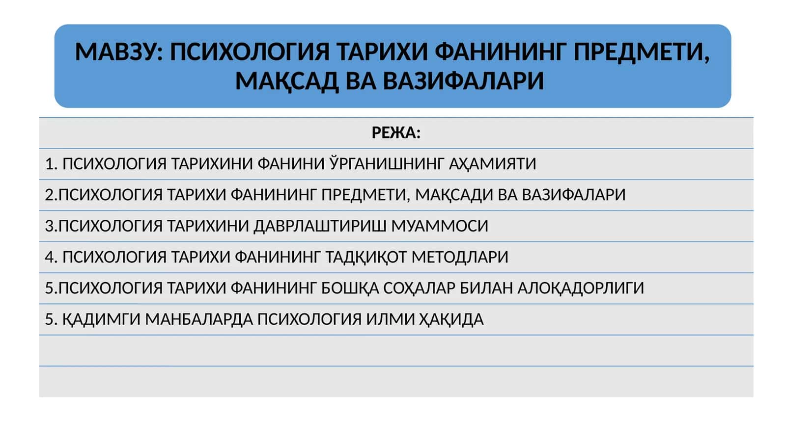 ПСИХОЛОГИЯ ТАРИХИ ФАНИНИНГ ПРЕДМЕТИ, МАҚСАД ВА ВАЗИФАЛАРИ