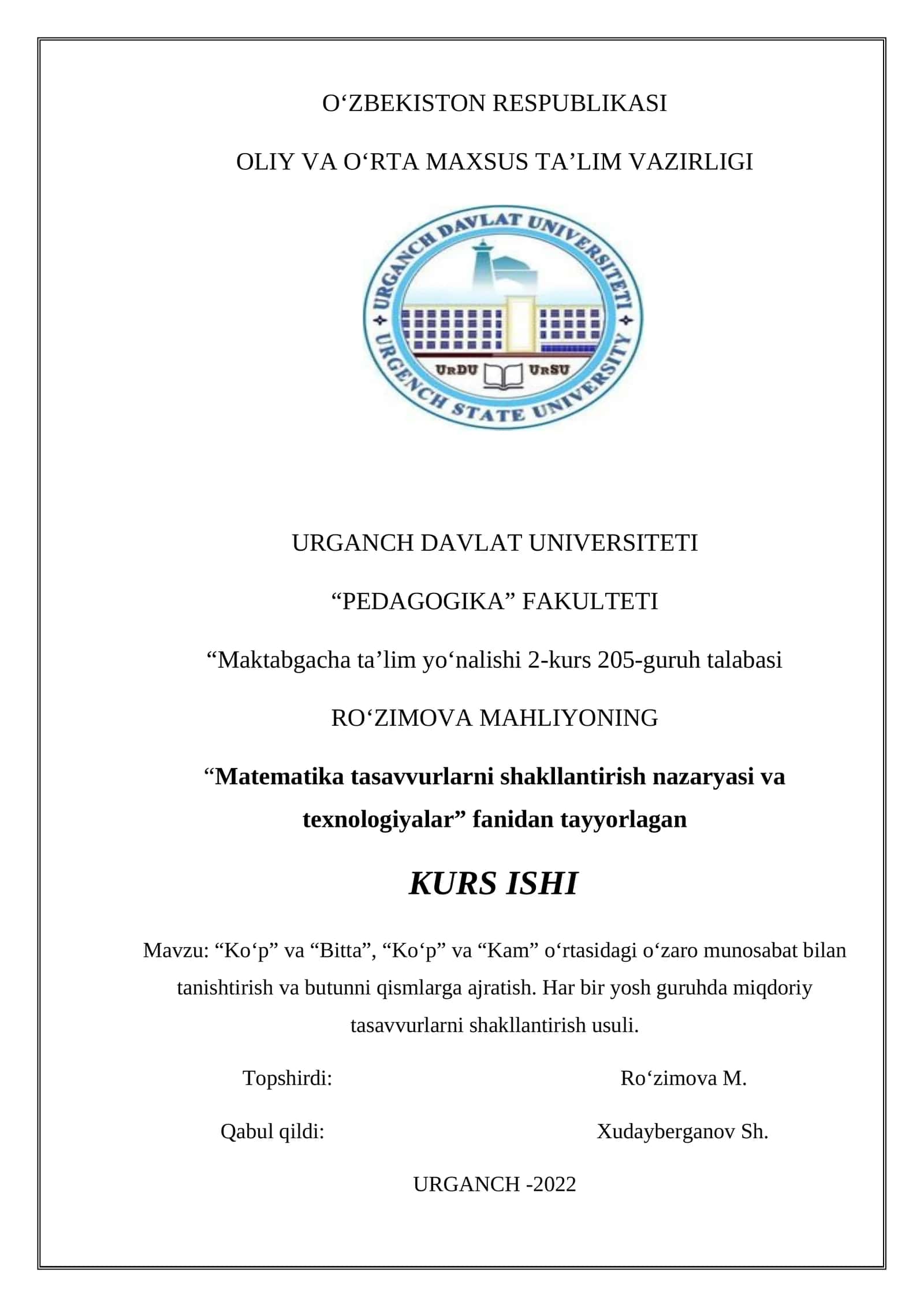 Maktabgacha ta’lim yoʻnalishi 2-kurs 205-guruh talabasi