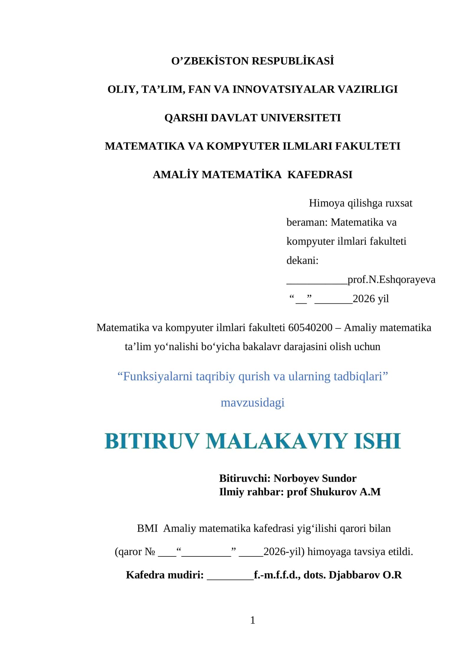 Funksiyalarni taqribiy qurish va uning tadbiqlari