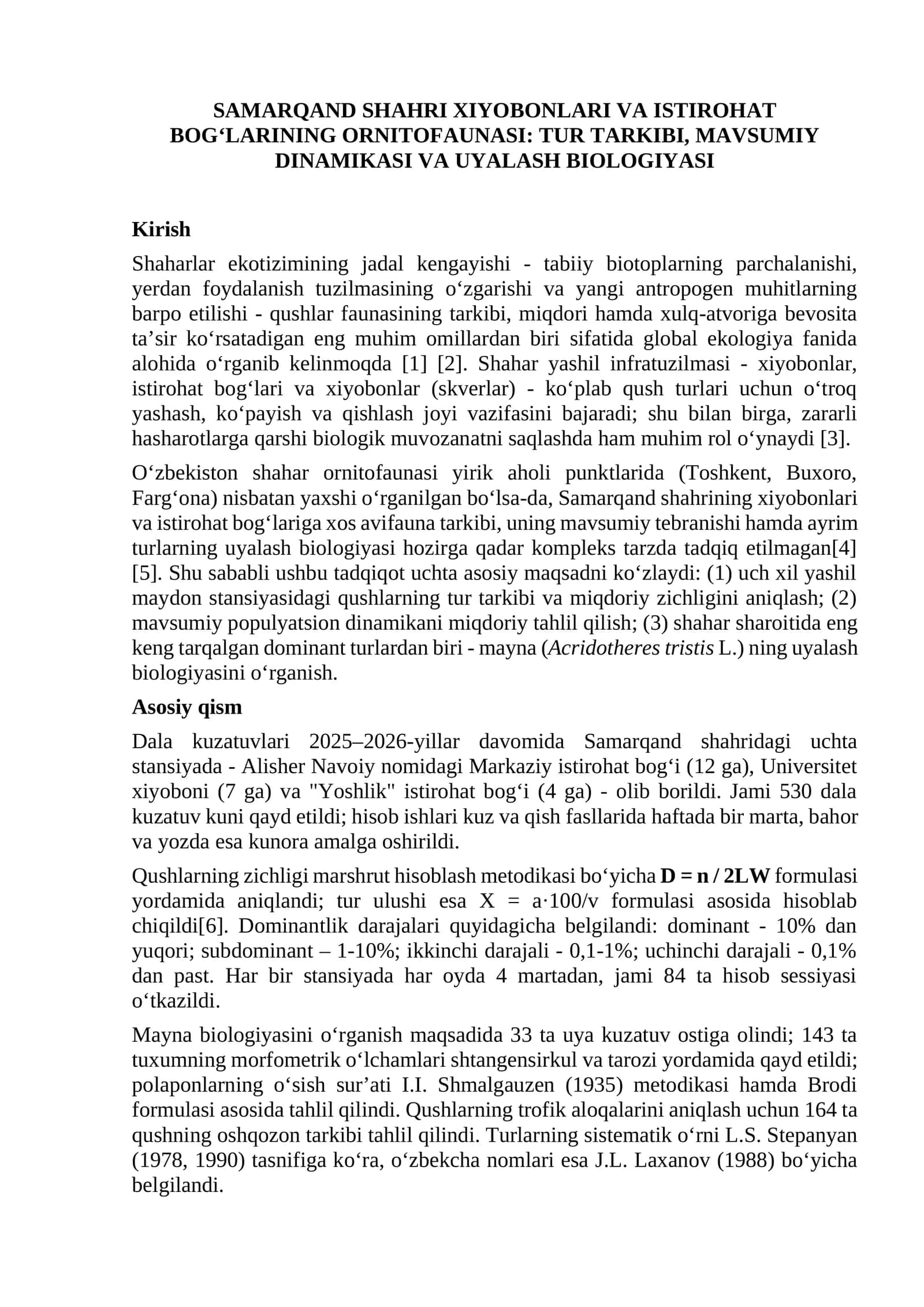 SAMARQAND SHAHRI XIYOBONLARI VA ISTIROHAT BOGʻLARINING ORNITOFAUNASI: TUR TARKIBI, MAVSUMIY DINAMIKASI VA UYALASH BIOLOGIYASI