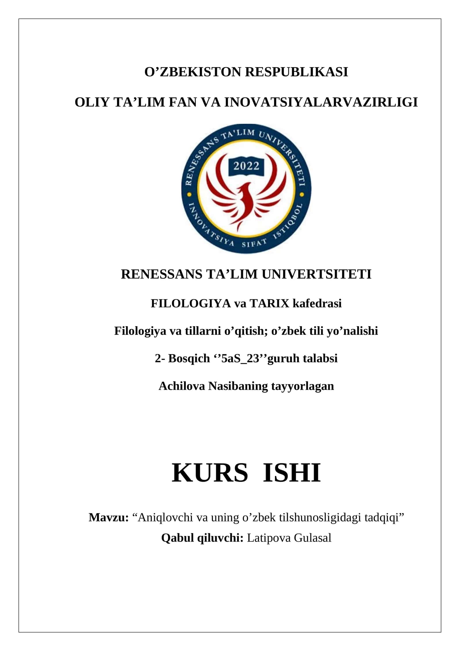 Aniqlovchi va uning o'zbek tilshunosligidagi tadqiqi