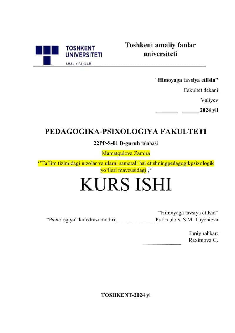 Taʼlim tizimidagi nizolar va ularni samarali hal etishning pedagogik psixologik yoʻllari mavzusidagi