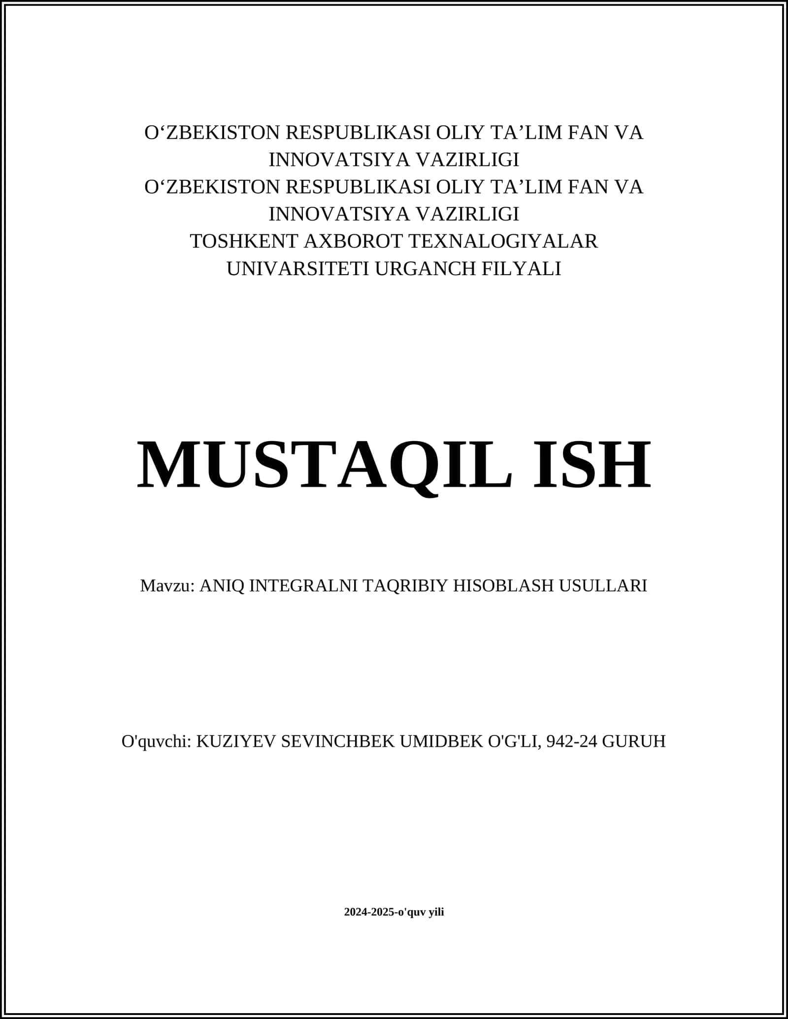 ANIQ INTEGRALNI TAQRIBIY HISOBLASH USULLARI
