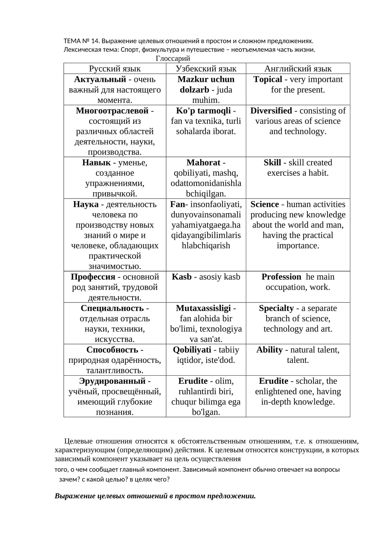 Лексическая тема: Спорт, физкультура и путешествие – неотъемлемая часть жизни