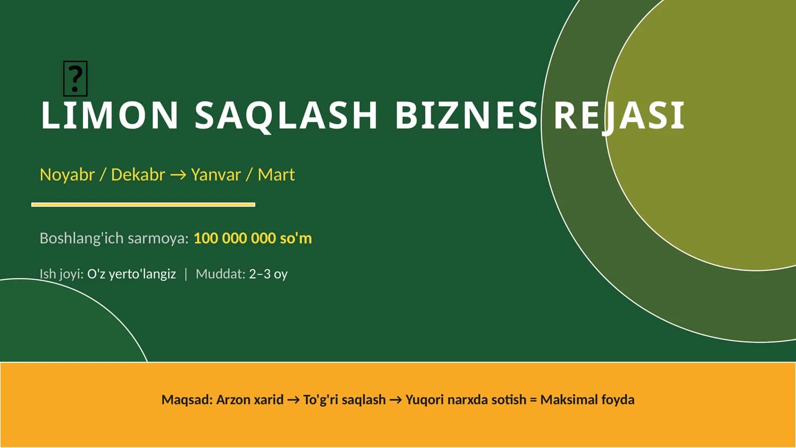 (100 millionlik loyiha ishi)  LIMON SAQLASH BIZNES REJASI