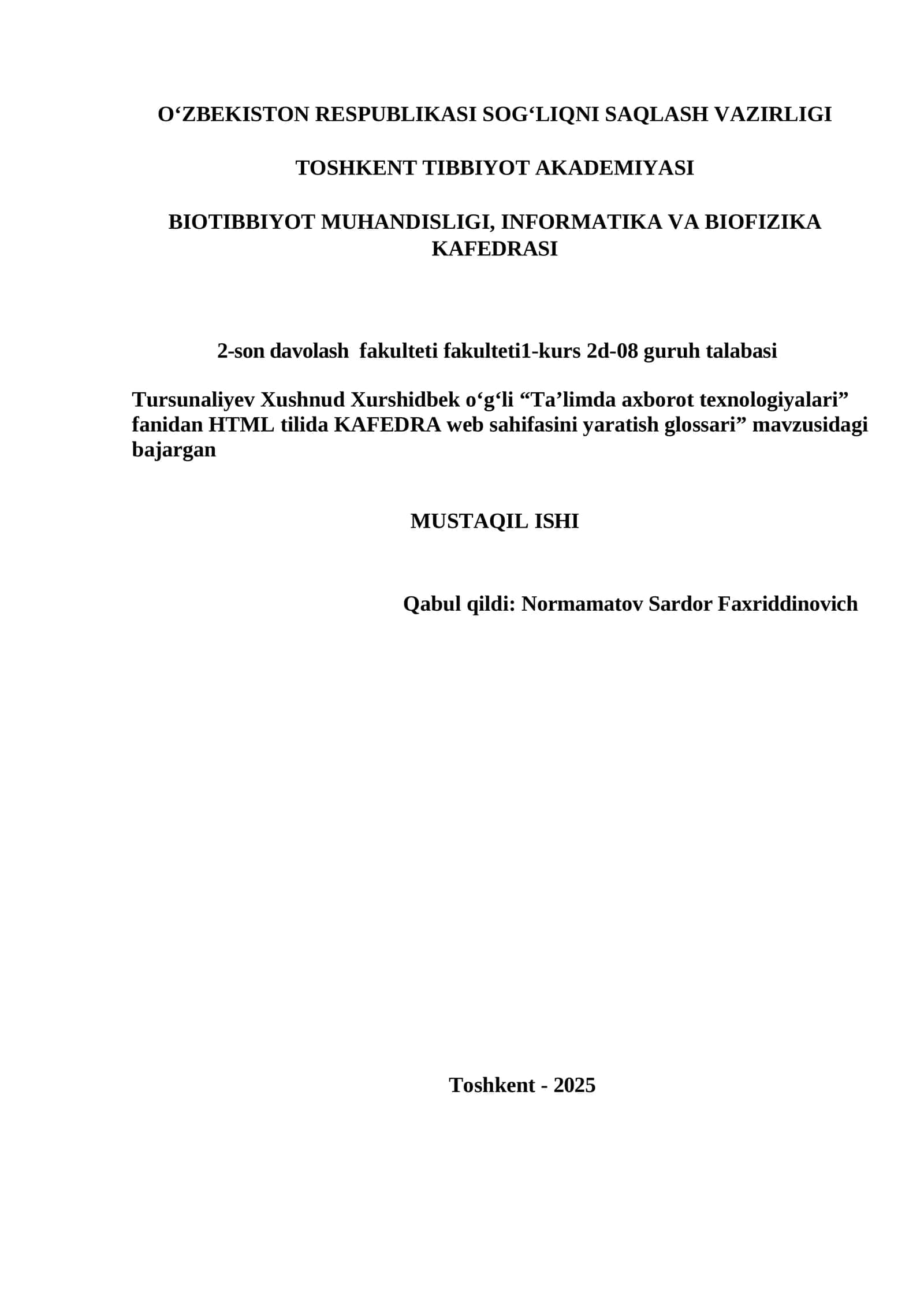 Ta'limda axborot texnologiyalari” fanidan HTML tilida KAFEDRA web sahifasini yaratish glossari”