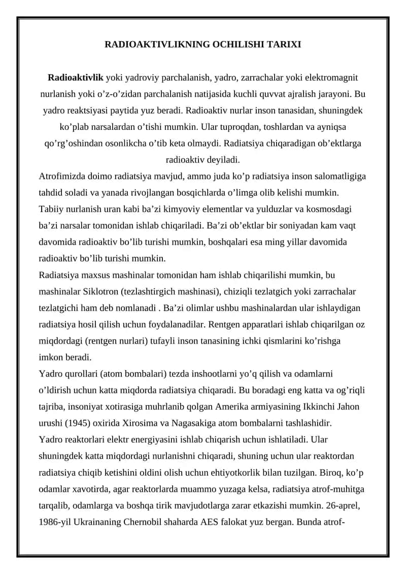 RADIOAKTIVLIKNING OCHILISHI TARIXI