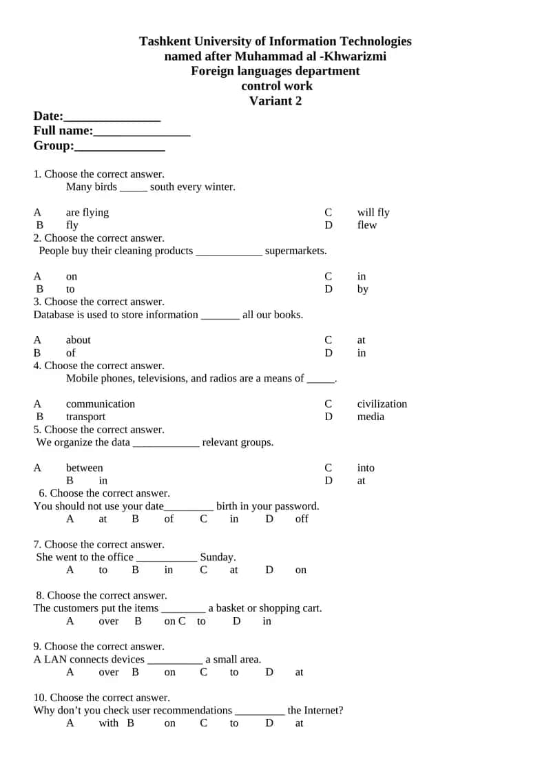 Foreign languages department control work Variant 2