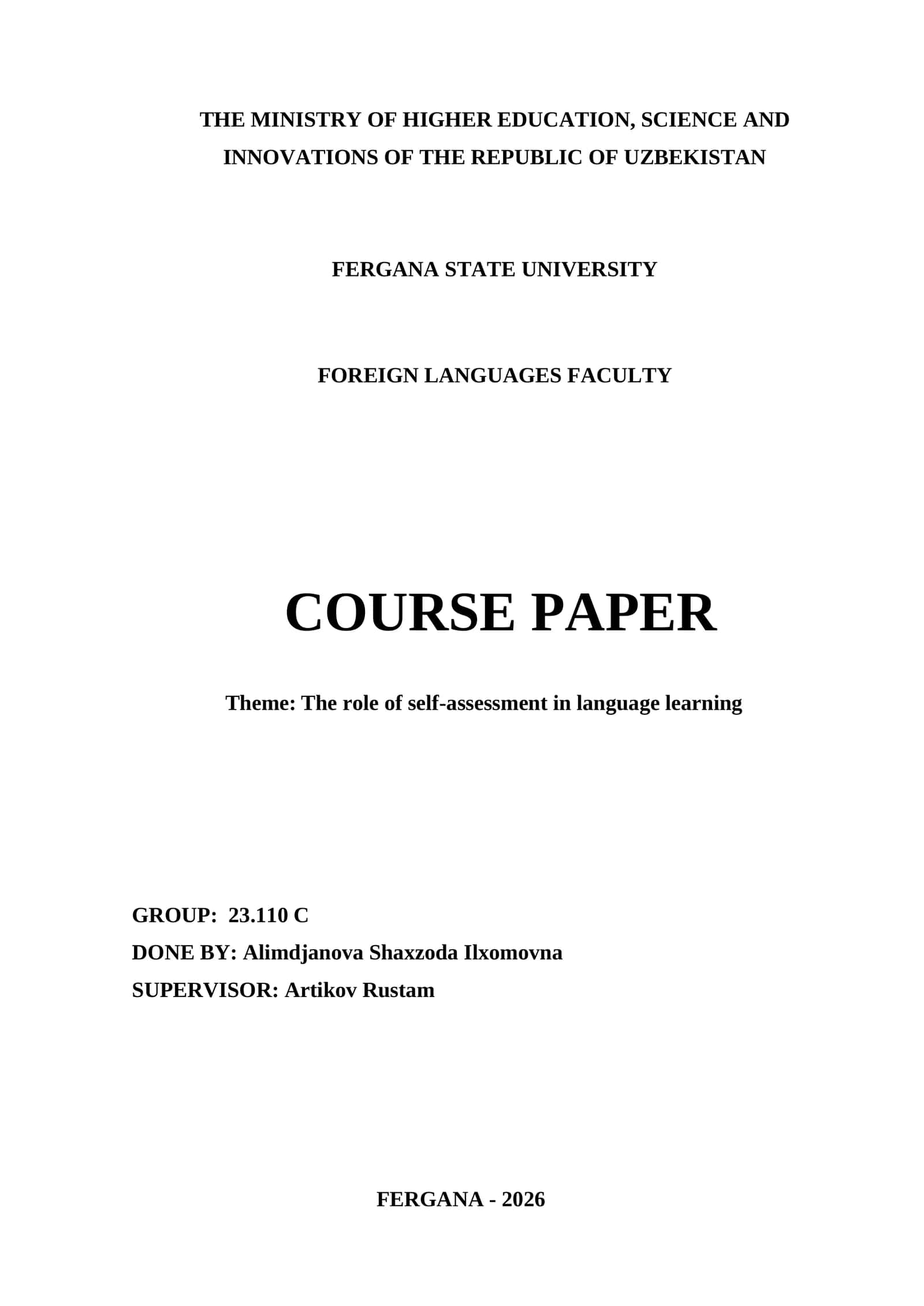Course Paper: The Role of Self-Assessment in Language Learning