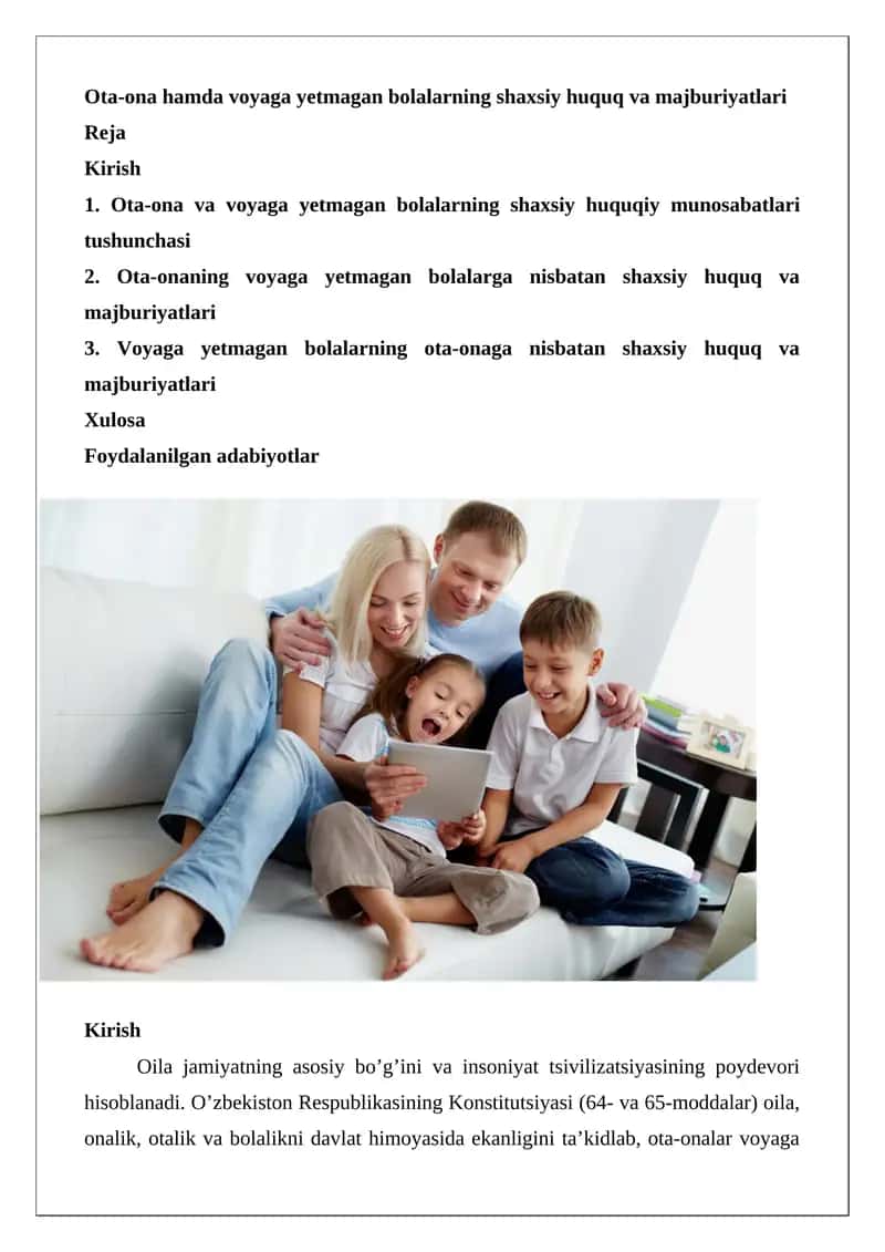 Ota-ona hamda voyaga yetmagan bolalarning shaxsiy huquq va majburiyatlari