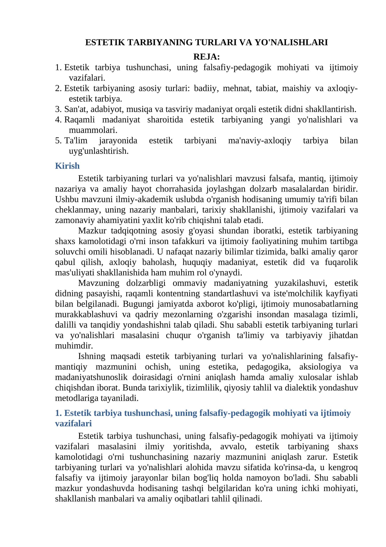 ESTETIK TARBIYANING TURLARI VA YO'NALISHLARI