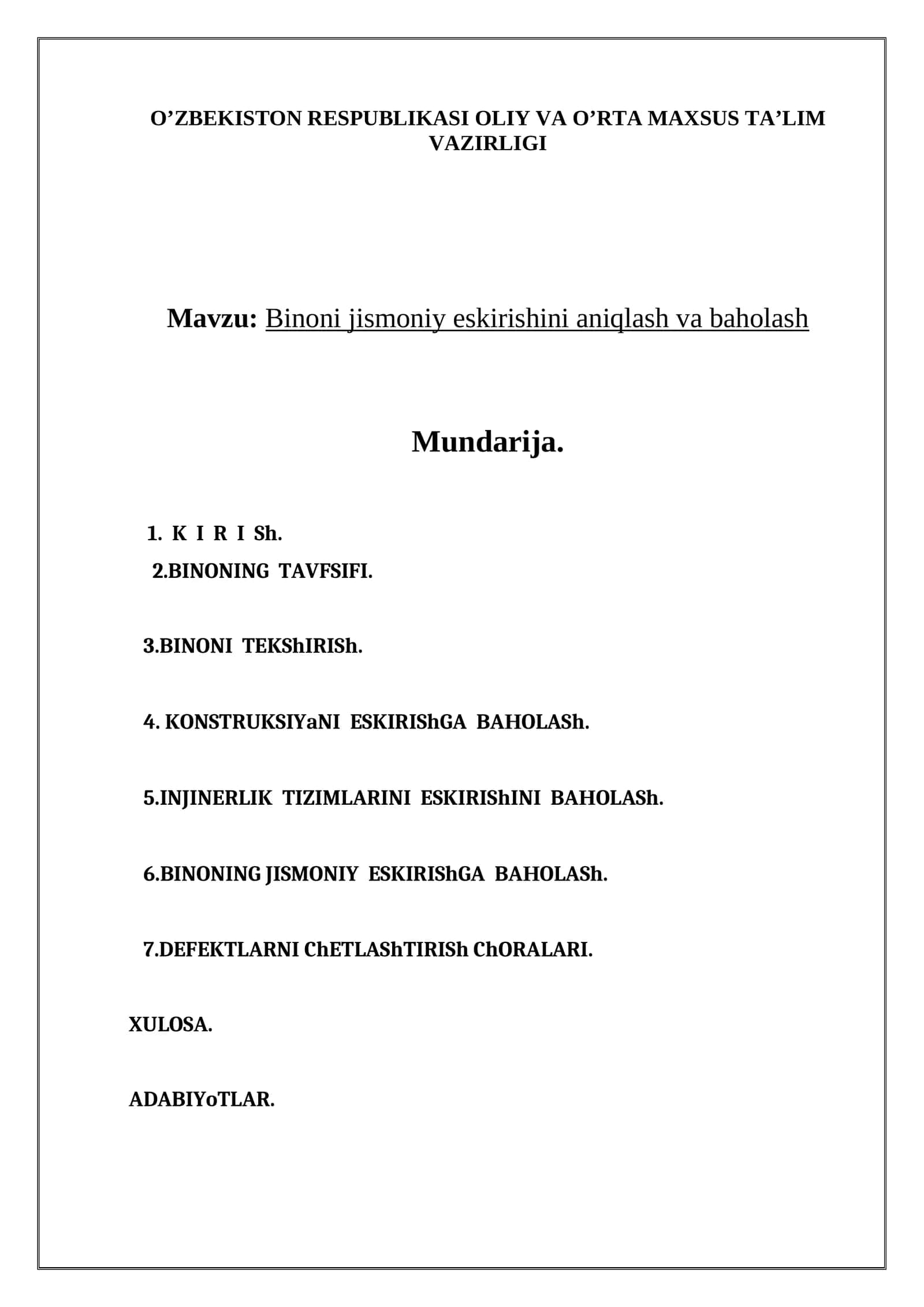 Binoni jismoniy eskirishini aniqlash va baholash