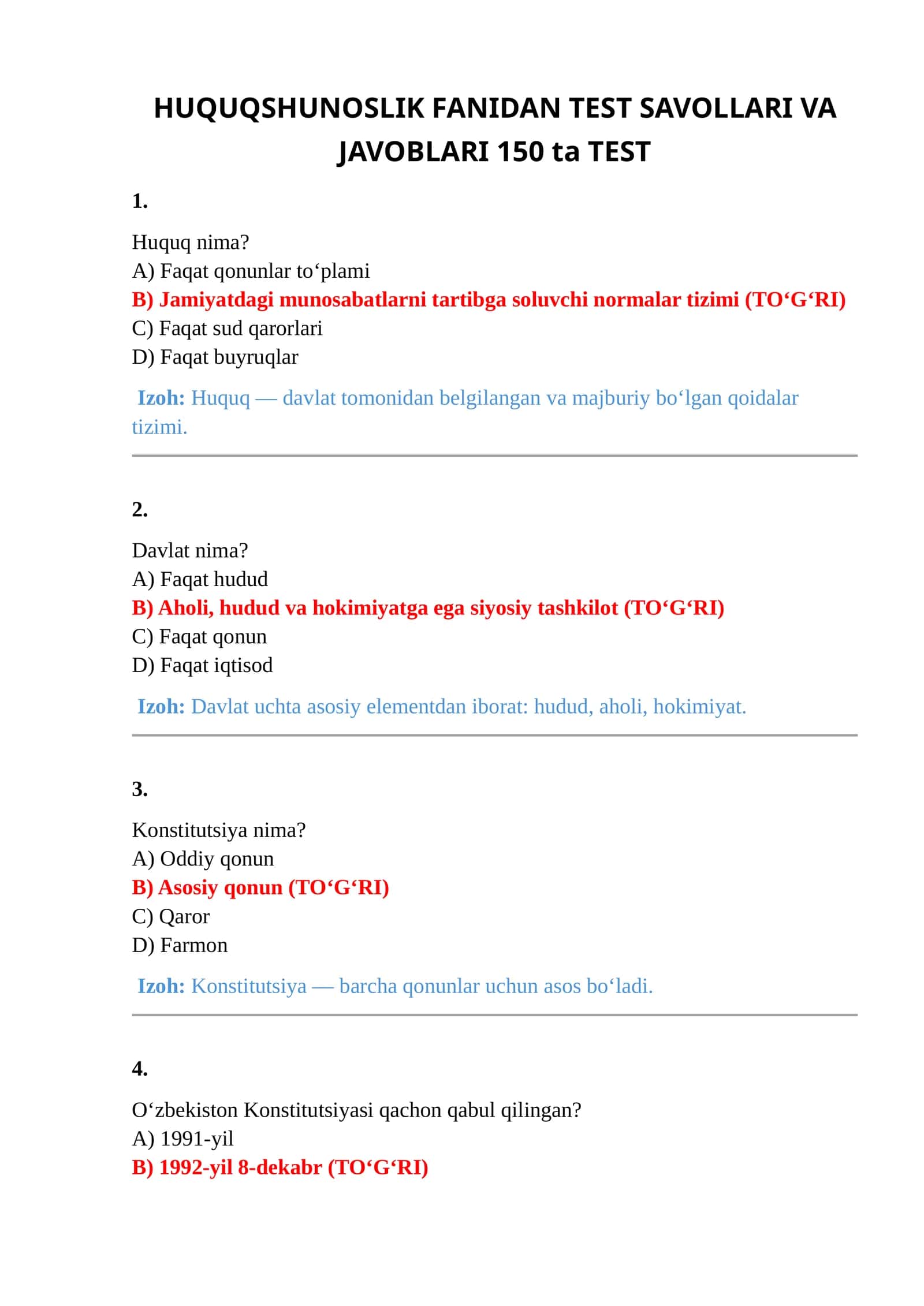 HUQUQSHUNOSLIK FANIDAN TEST SAVOLLARI VA JAVOBLARI 150 ta TEST