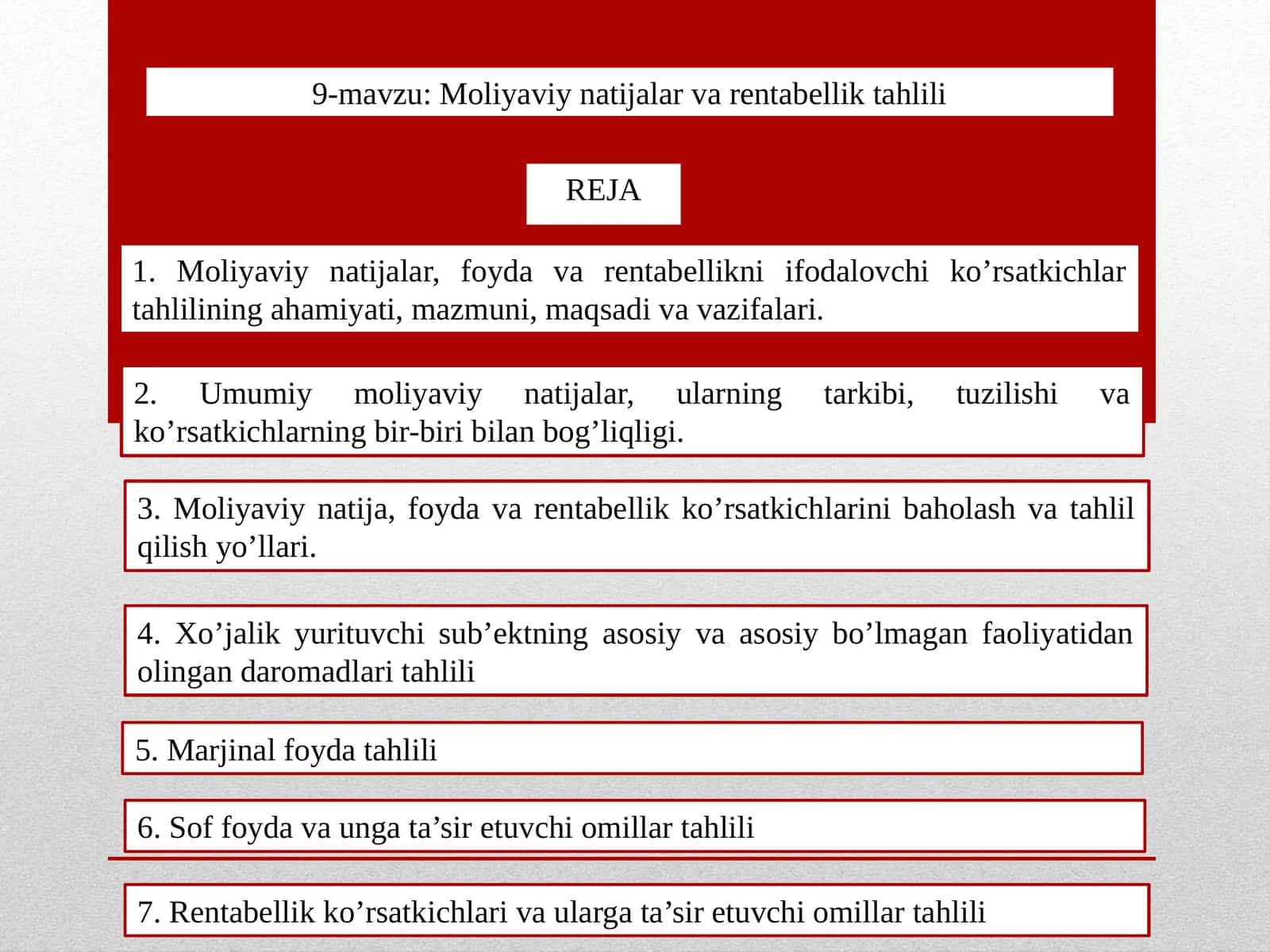 9-mavzu: Moliyaviy natijalar va rentabellik tahlili