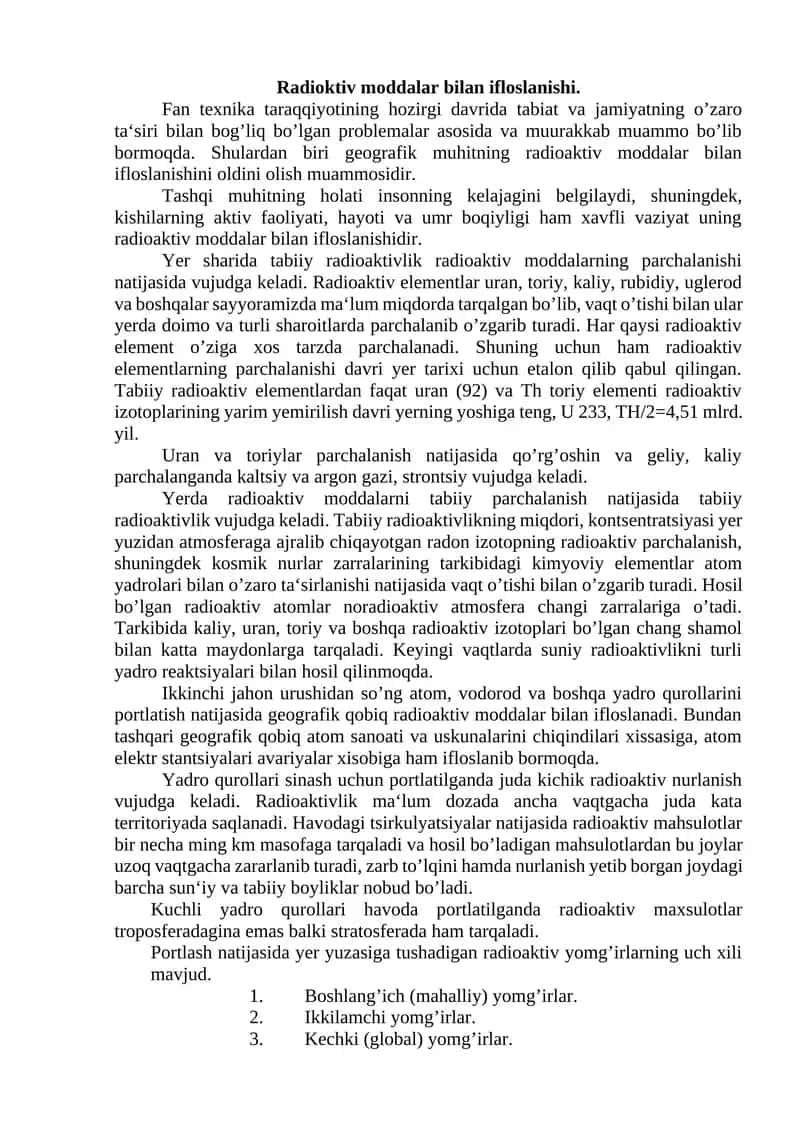 Radioaktiv moddalar bilan ifloslanishi