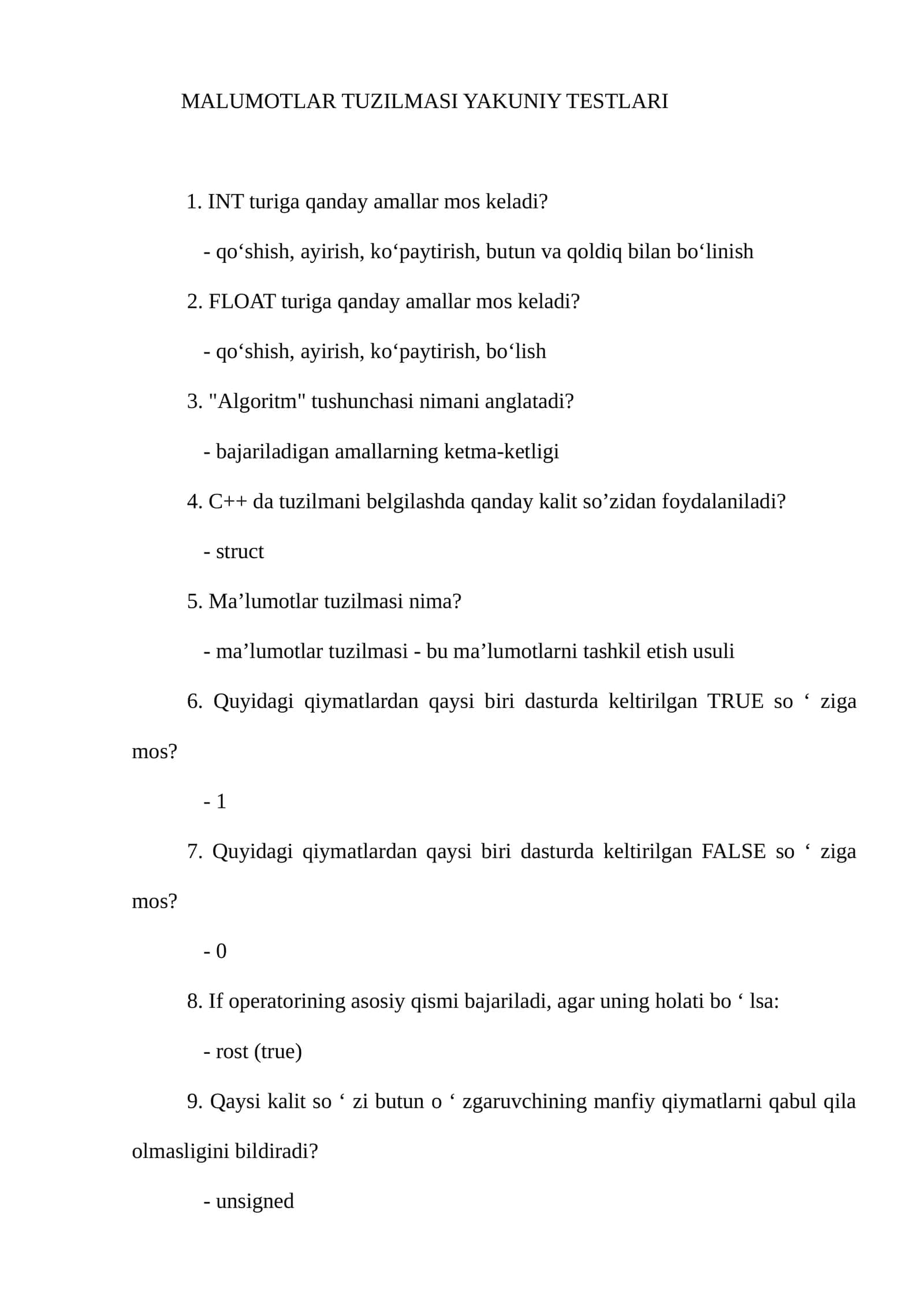 MALUMOTLAR TUZILMASI YAKUNIY TESTLARI