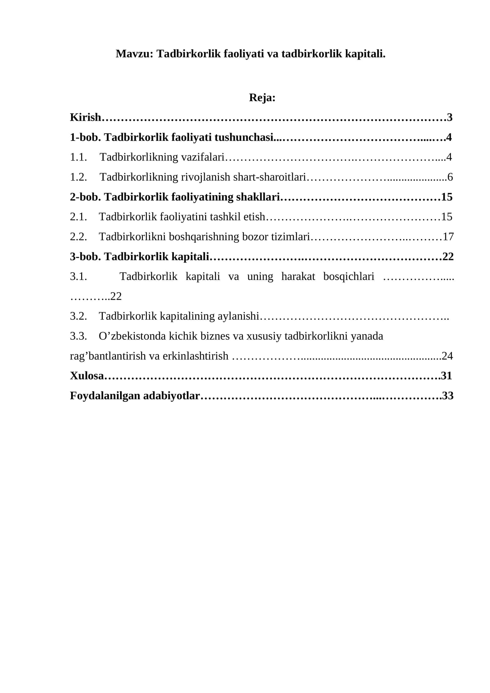 Tadbirkorlik faoliyati va tadbirkorlik kapitali
