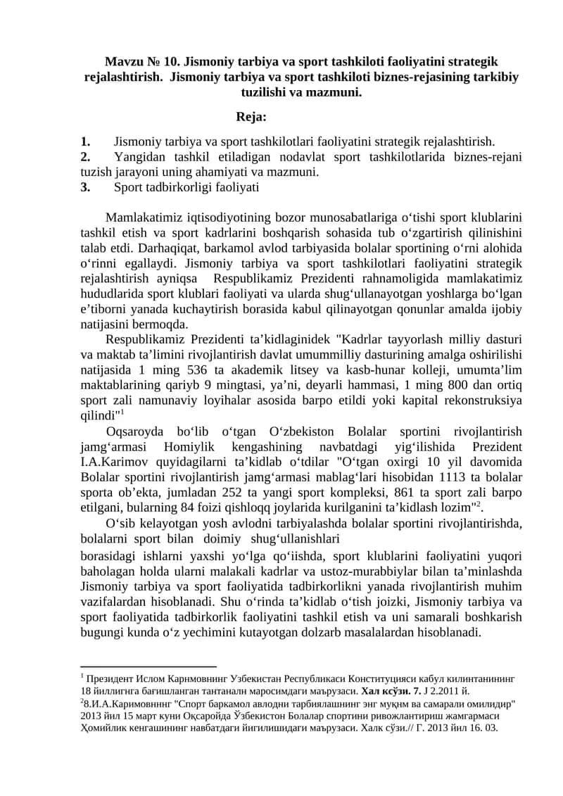 Jismoniy tarbiya va sport tashkiloti faoliyatini strategik rejalashtirish