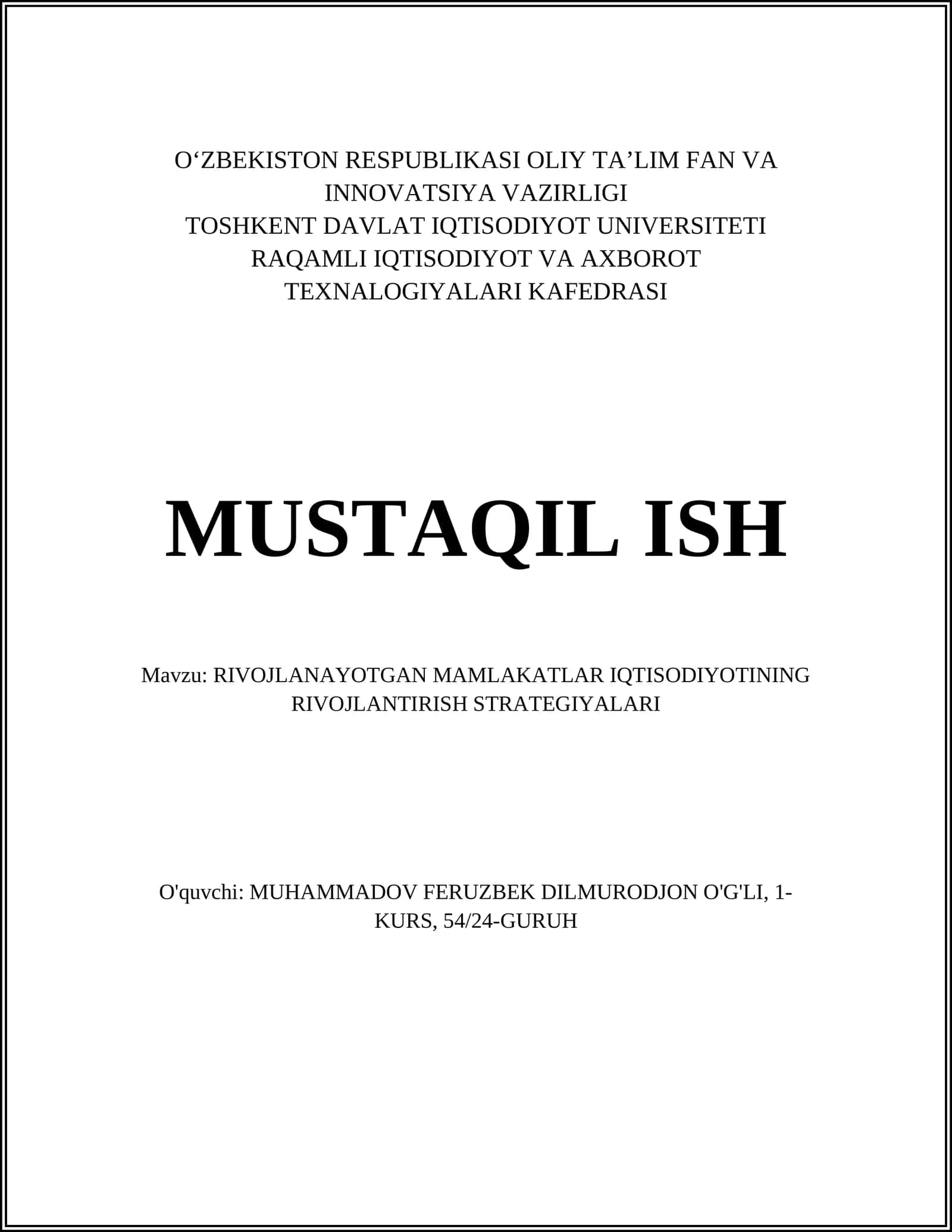 RIVOJLANAYOTGAN MAMLAKATLAR IQTISODIYOTINING RIVOJLANTIRISH STRATEGIYALARI