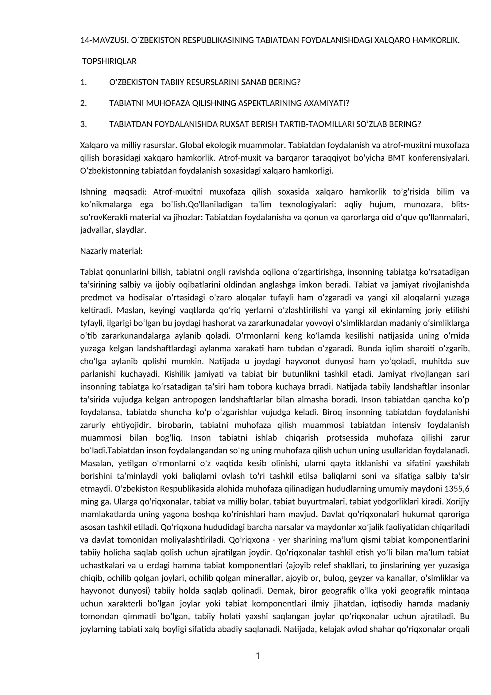 O'ZBEKISTON RESPUBLIKASINING TABIATDAN FOYDALANISHDAGI XALQARO HAMKORLIK
