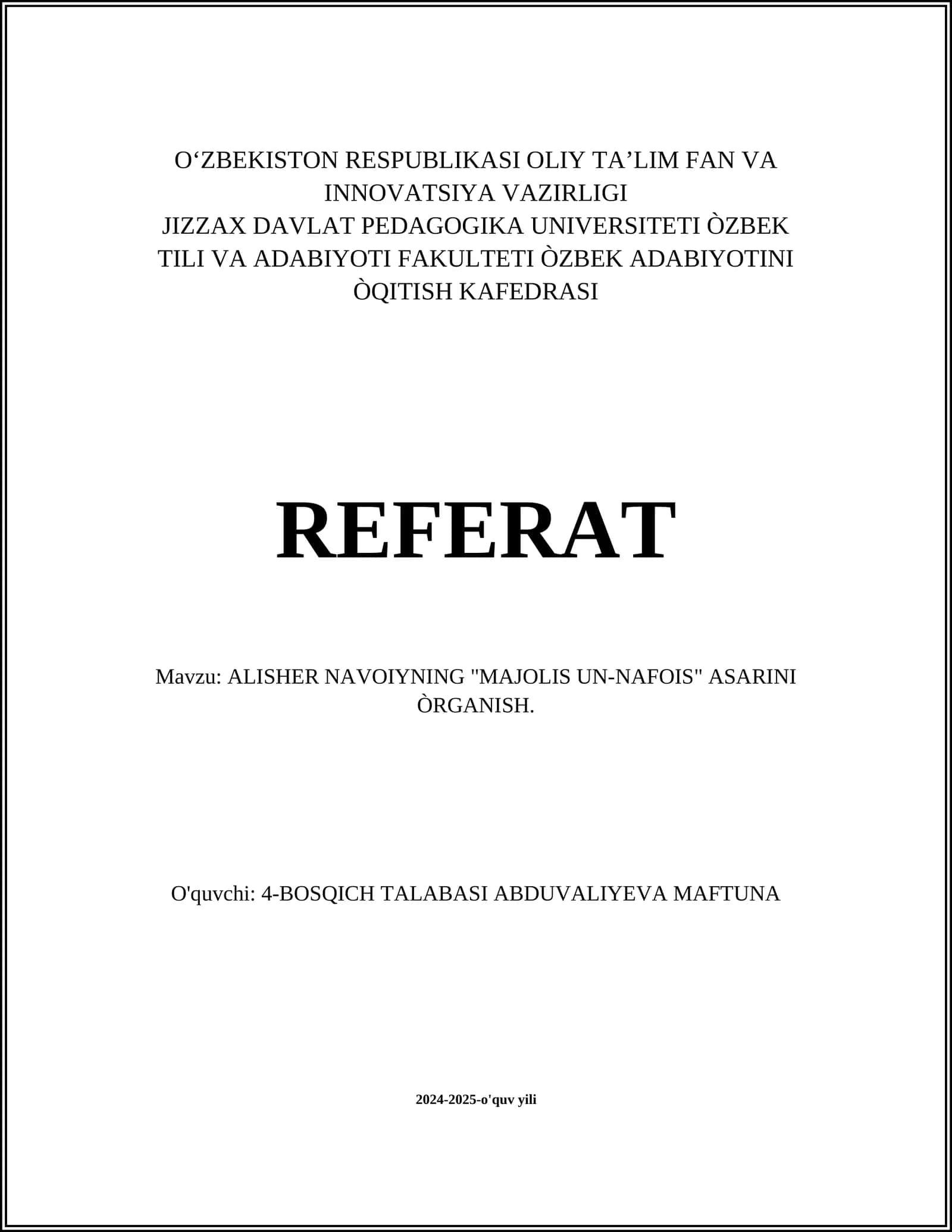 "Majolis un-nafois" asarini òrganish
