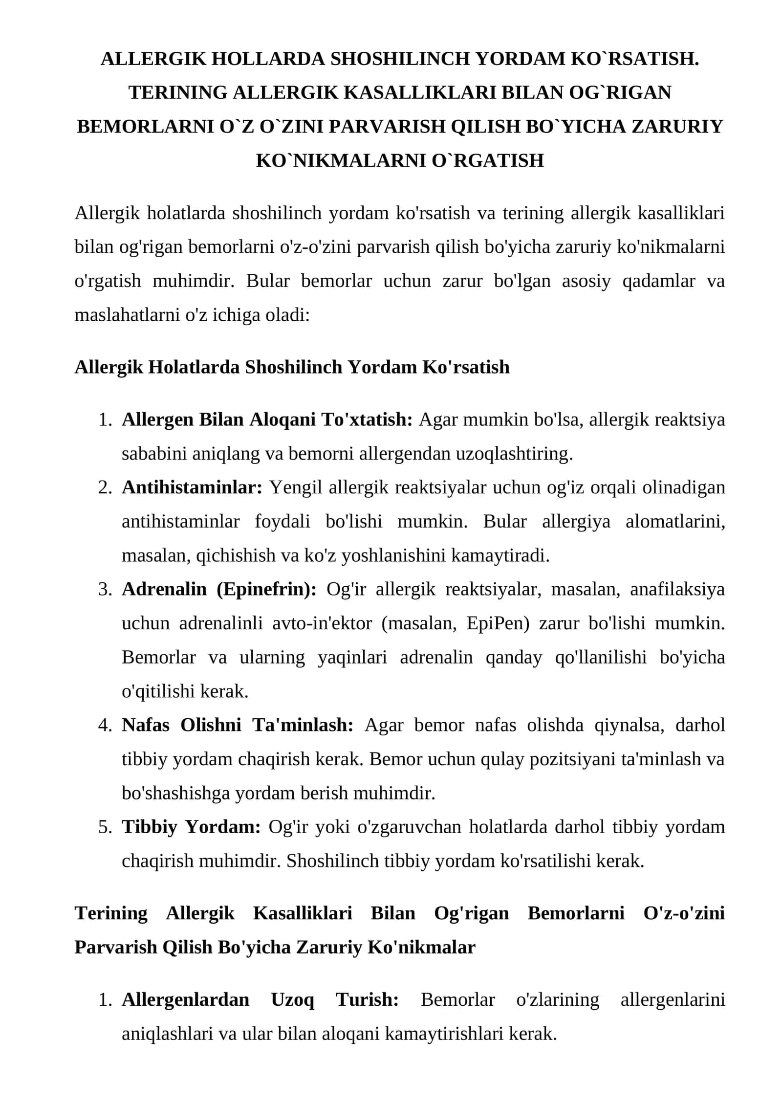 Allergik Holatlarda Shoshilinch Yordam Ko'rsatish