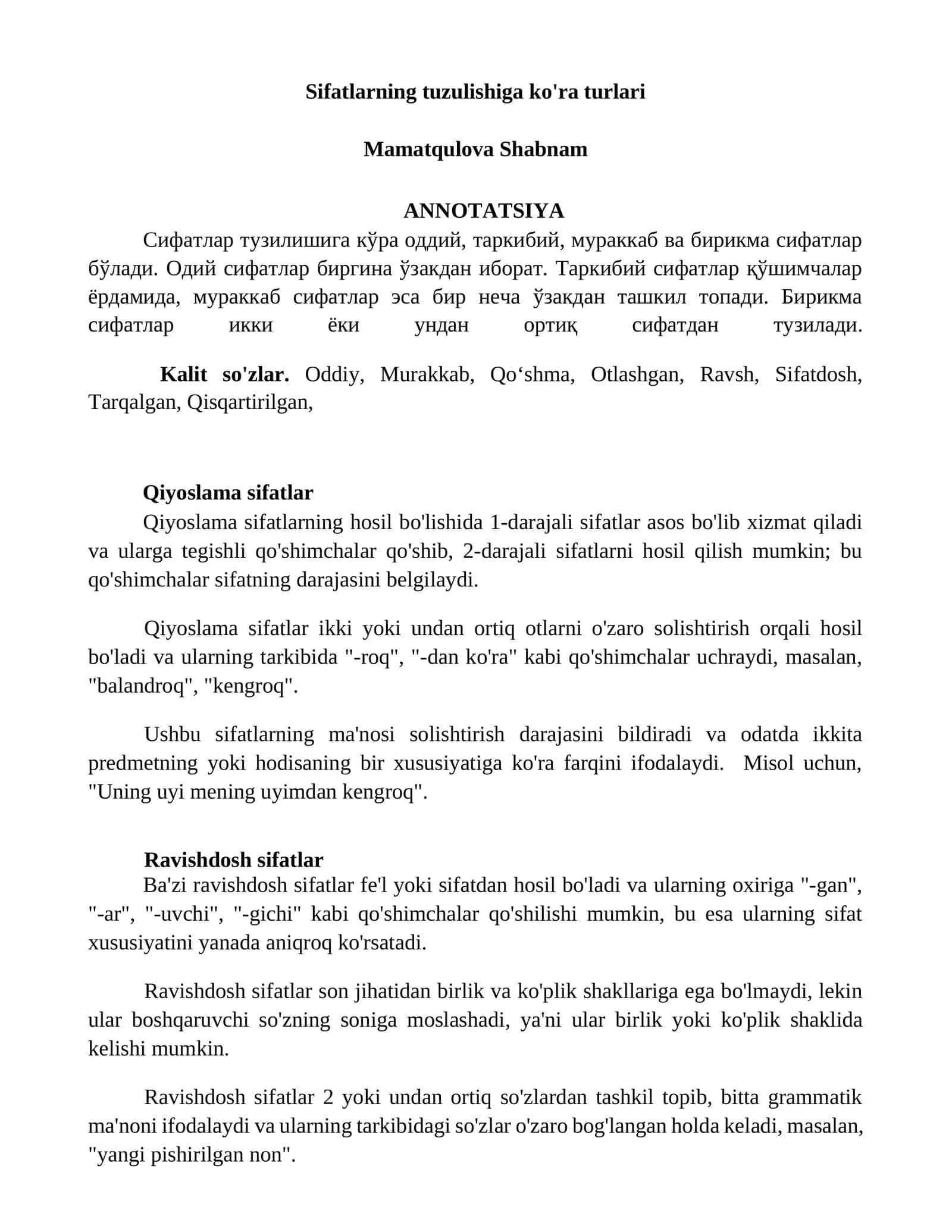 Sifatlarning tuzulishiga ko'ra turlari