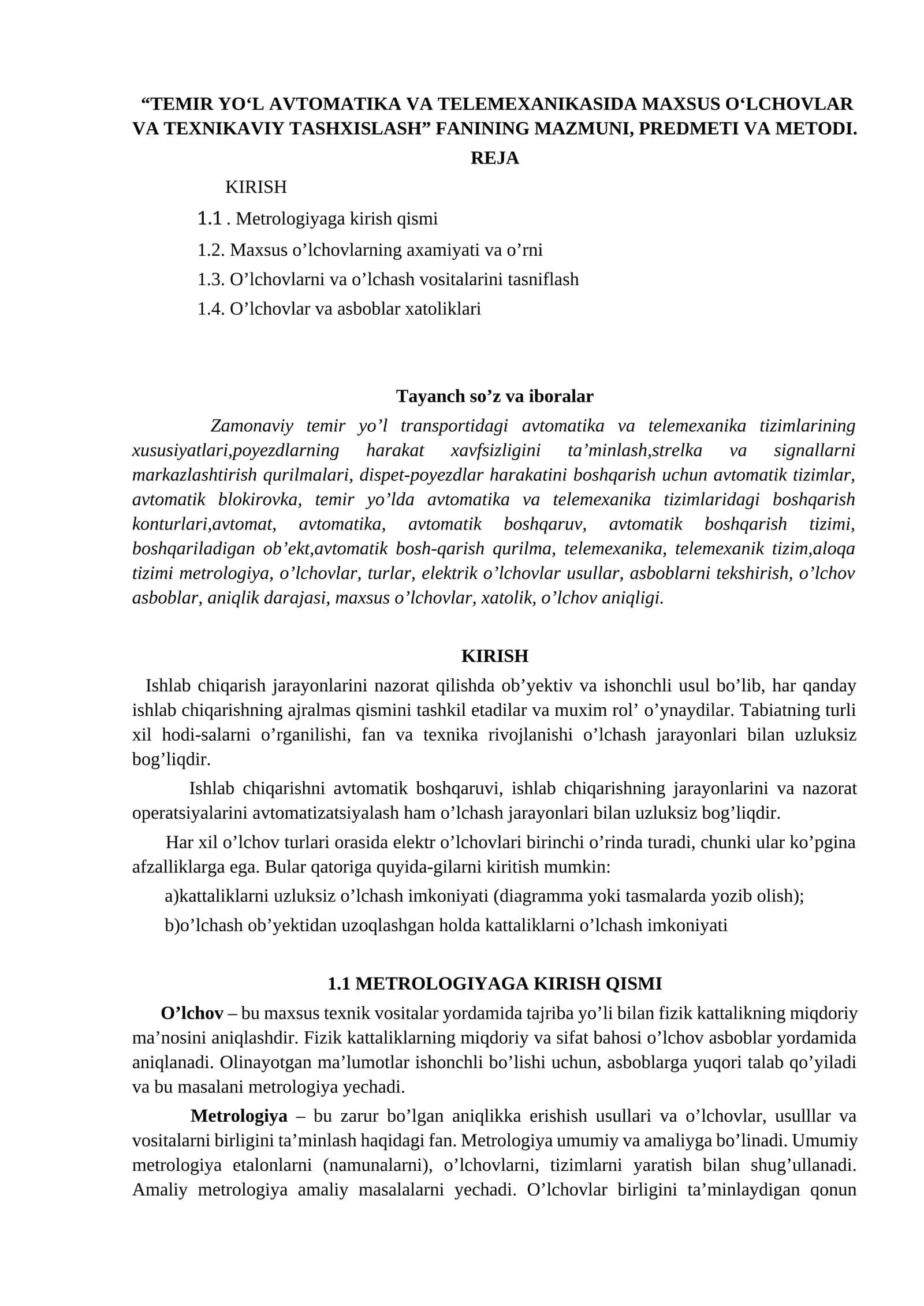 TEMIR YO‘L AVTOMATIKA VA TELEMEXANIKASIDA MAXSUS O‘LCHOVLAR VA TEXNIKAVIY TASHXISLASH