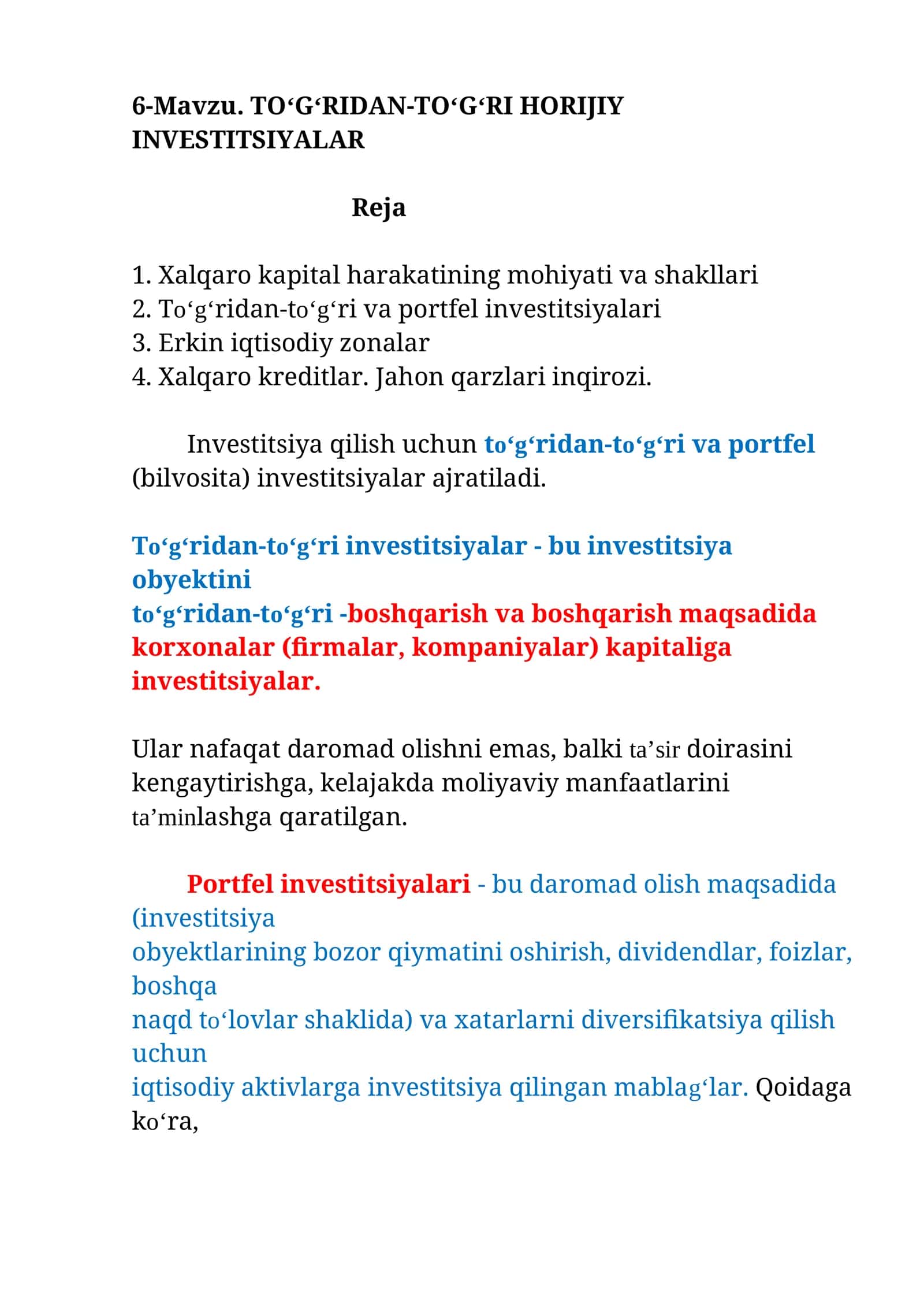 TO‘G‘RIDAN-TO‘G‘RI HORIJIY INVESTITSIYALAR