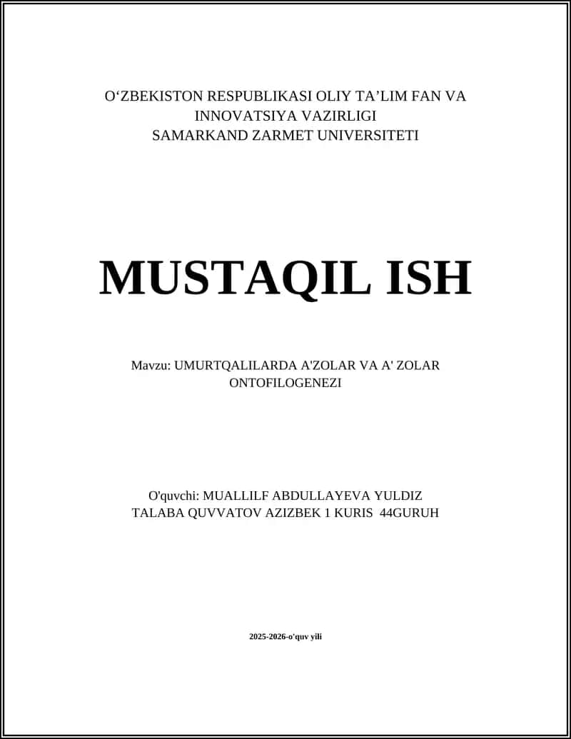 UMURTQALILARDA A'ZOLAR VA A' ZOLAR ONTOFILOGENEZI