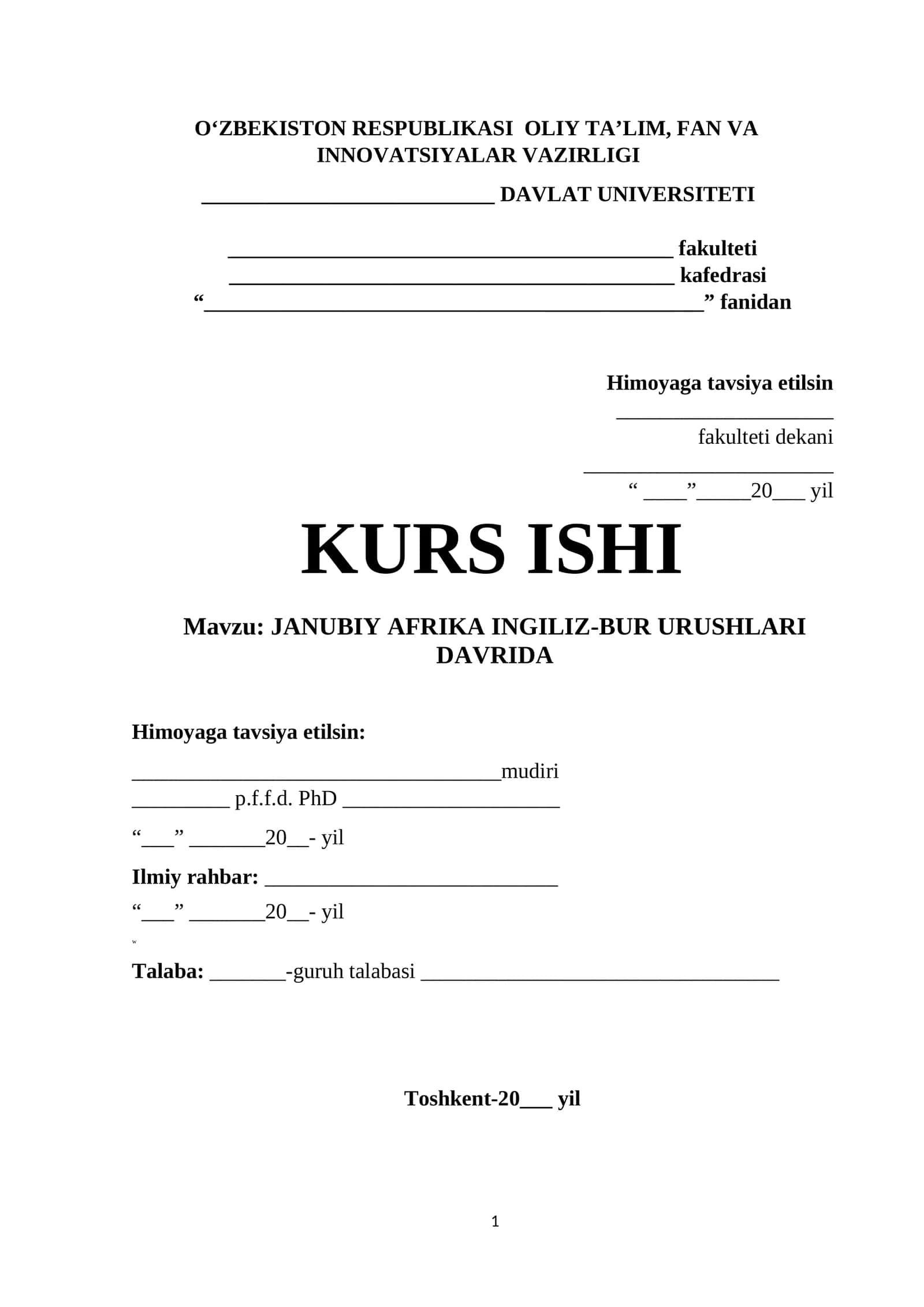 JANUBIY AFRIKA INGILIZ-BUR URUSHLARI DAVRIDA