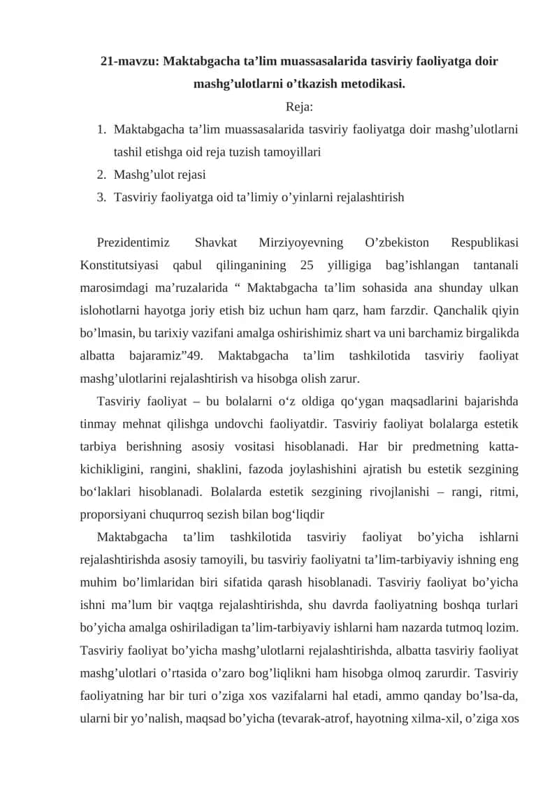 21-mavzu: Maktabgacha ta’lim muassasalarida tasviriy faoliyatga doir mashg’ulotlarni o’tkazish metodikasi
