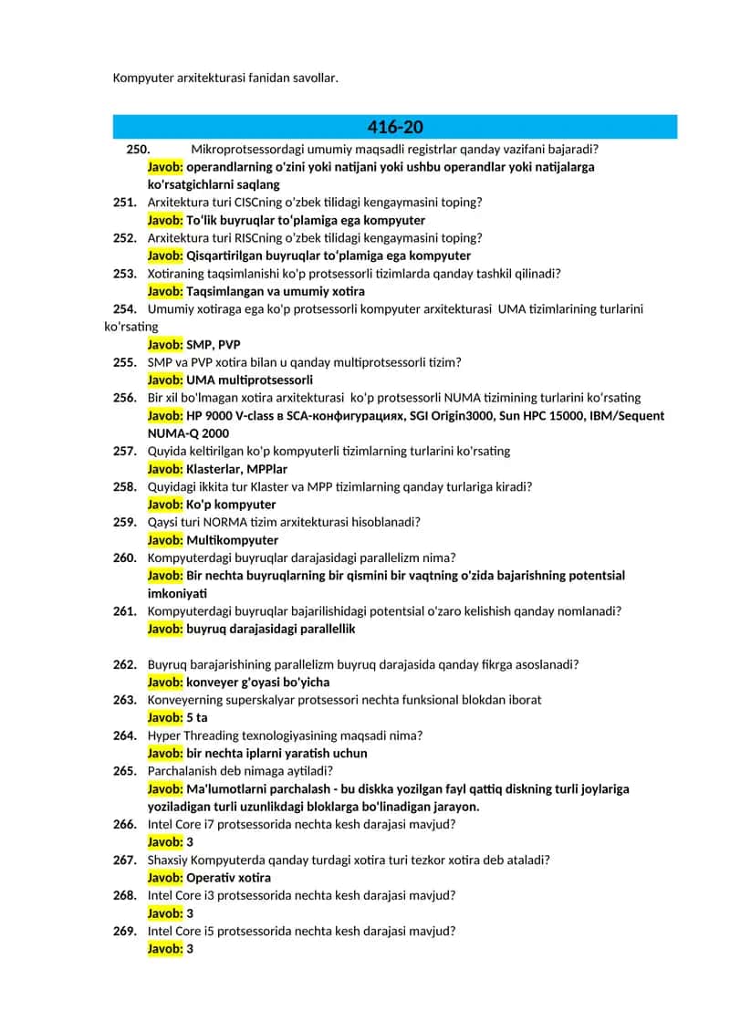 Kompyuter arxitekturasi fanidan savollar