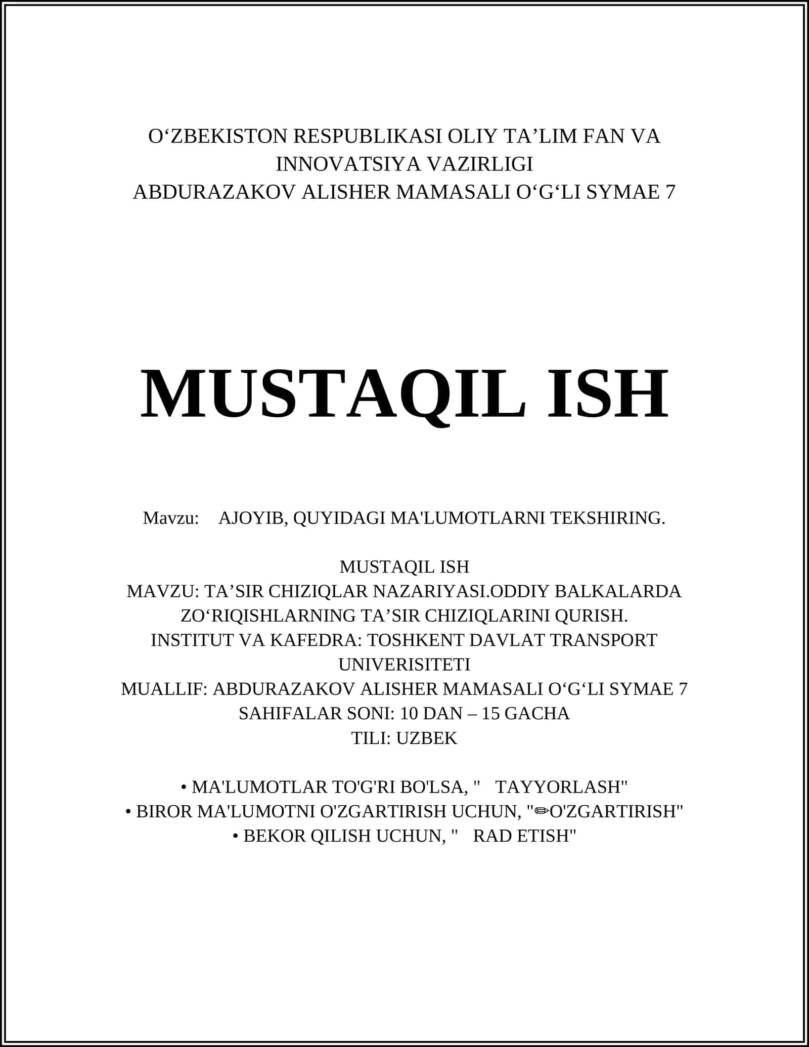 TAʼSIR CHIZIQLAR NAZARIYASI.ODDIY BALKALARDA ZOʻRIQISHLARNING TAʼSIR CHIZIQLARINI QURISH