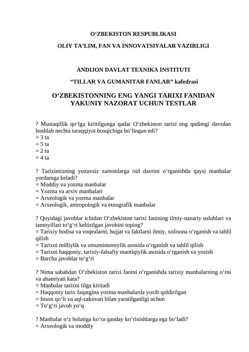 O‘zbekistonning eng yangi tarixi fanidan yakuniy nazorat uchun testlar