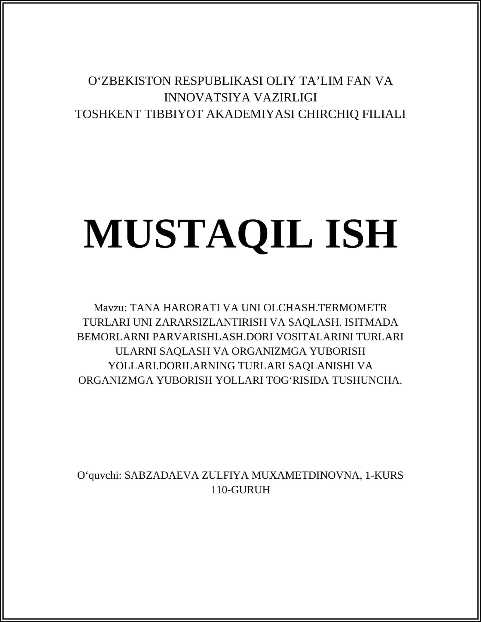 TANA HARORATI VA UNI OLCHASH.TERMOMETR TURLARI UNI ZARARSIZLANTIRISH VA SAQLASH