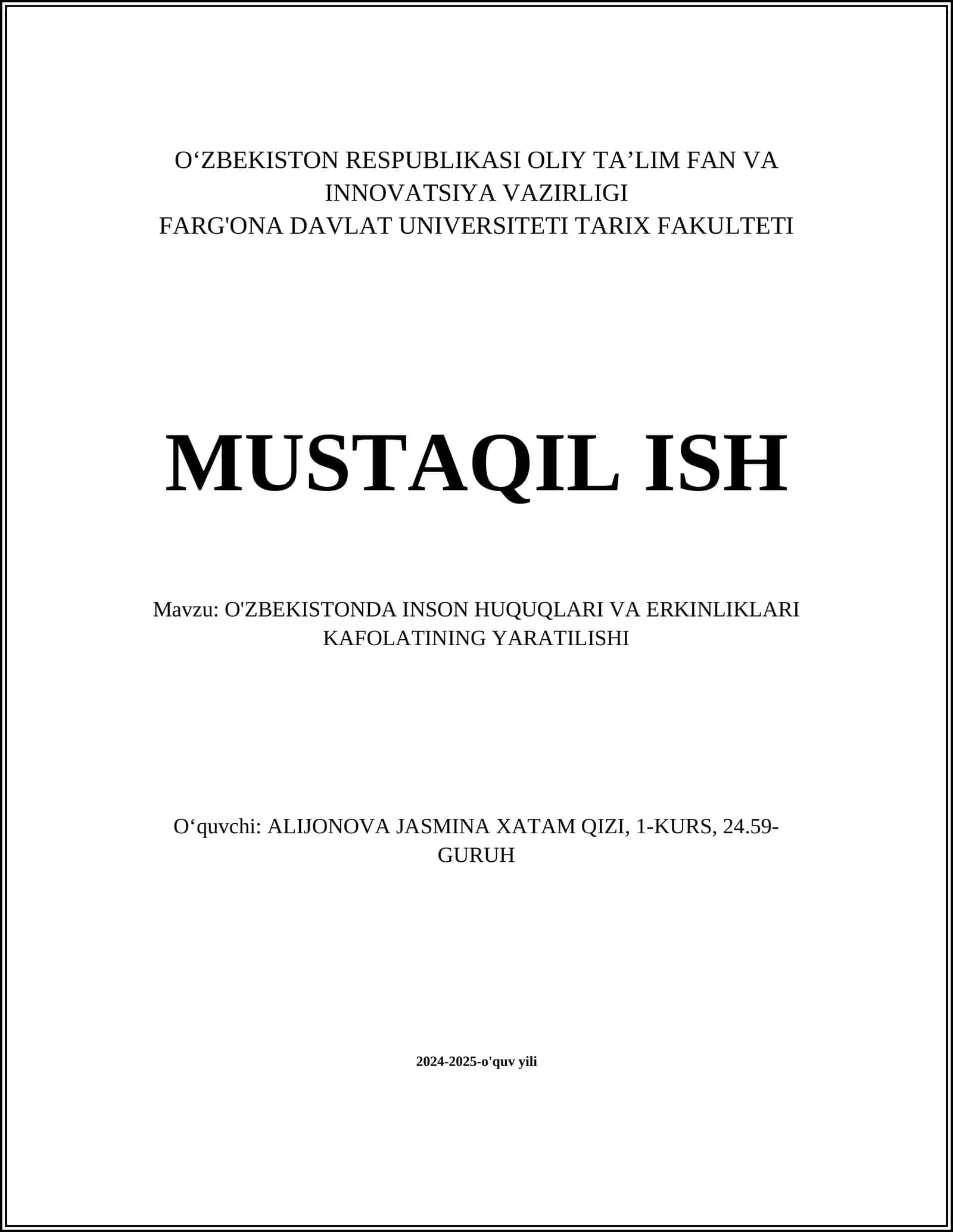 O'zbekistonda Inson Huquqlari va Erkinliklari Kafolatining Yaratilishi