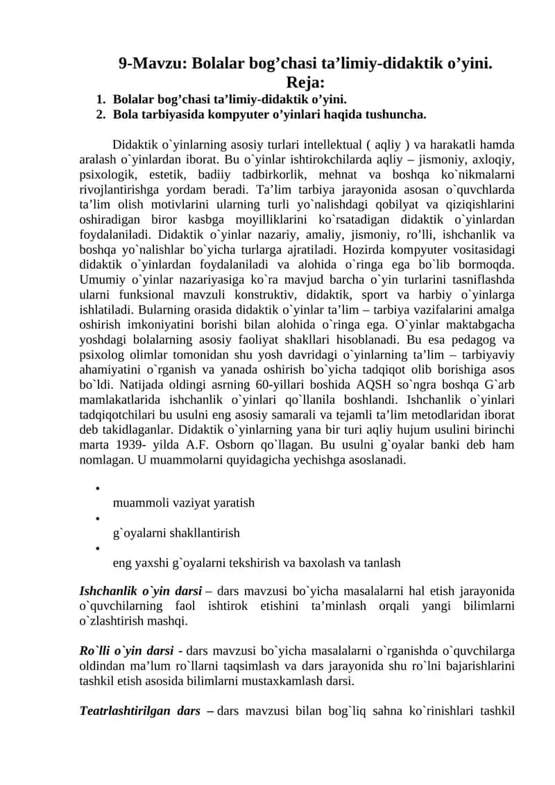 Bolalar bog’chasi ta’limiy-didaktik o’yini