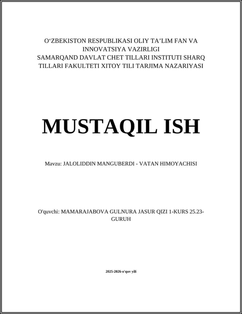 JALOLIDDIN MANGUBERDI ‐ VATAN HIMOYACHISI