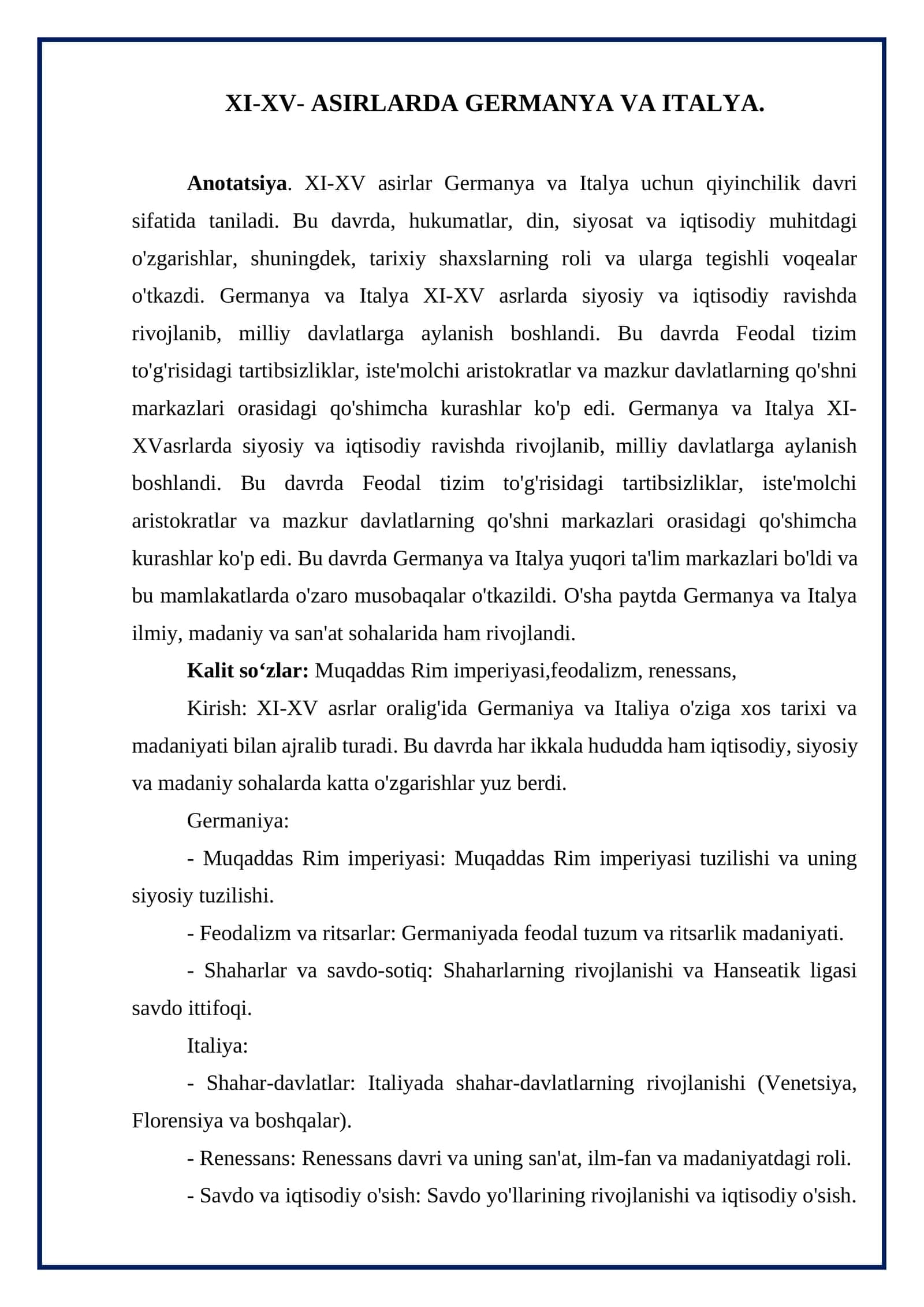 XI-XV- ASIRLARDA GERMANYA VA ITALYA