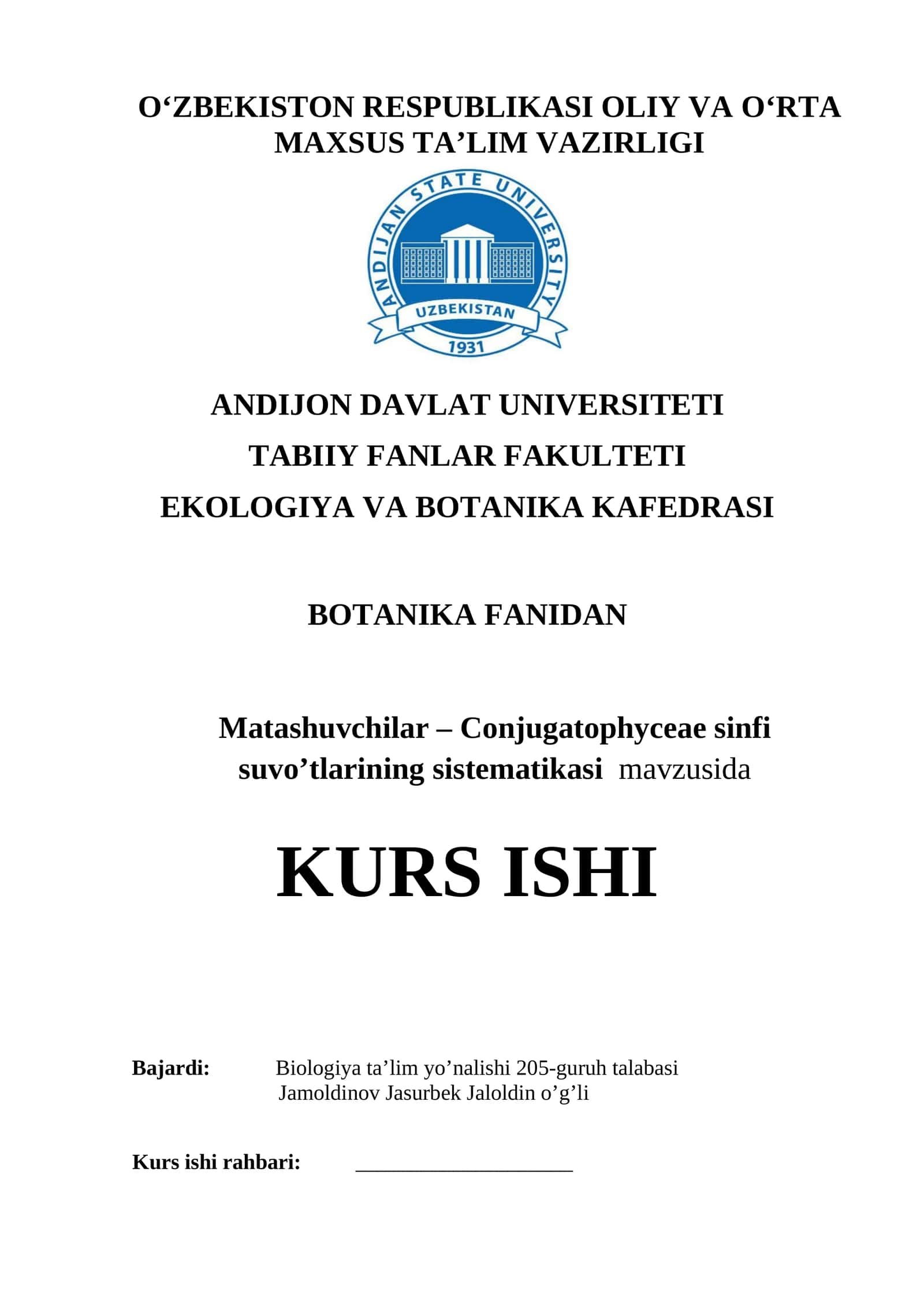 Matashuvchilar – Conjugatophyceae sinfi suvo’tlarining sistematikasi mavzusida KURS ISHI